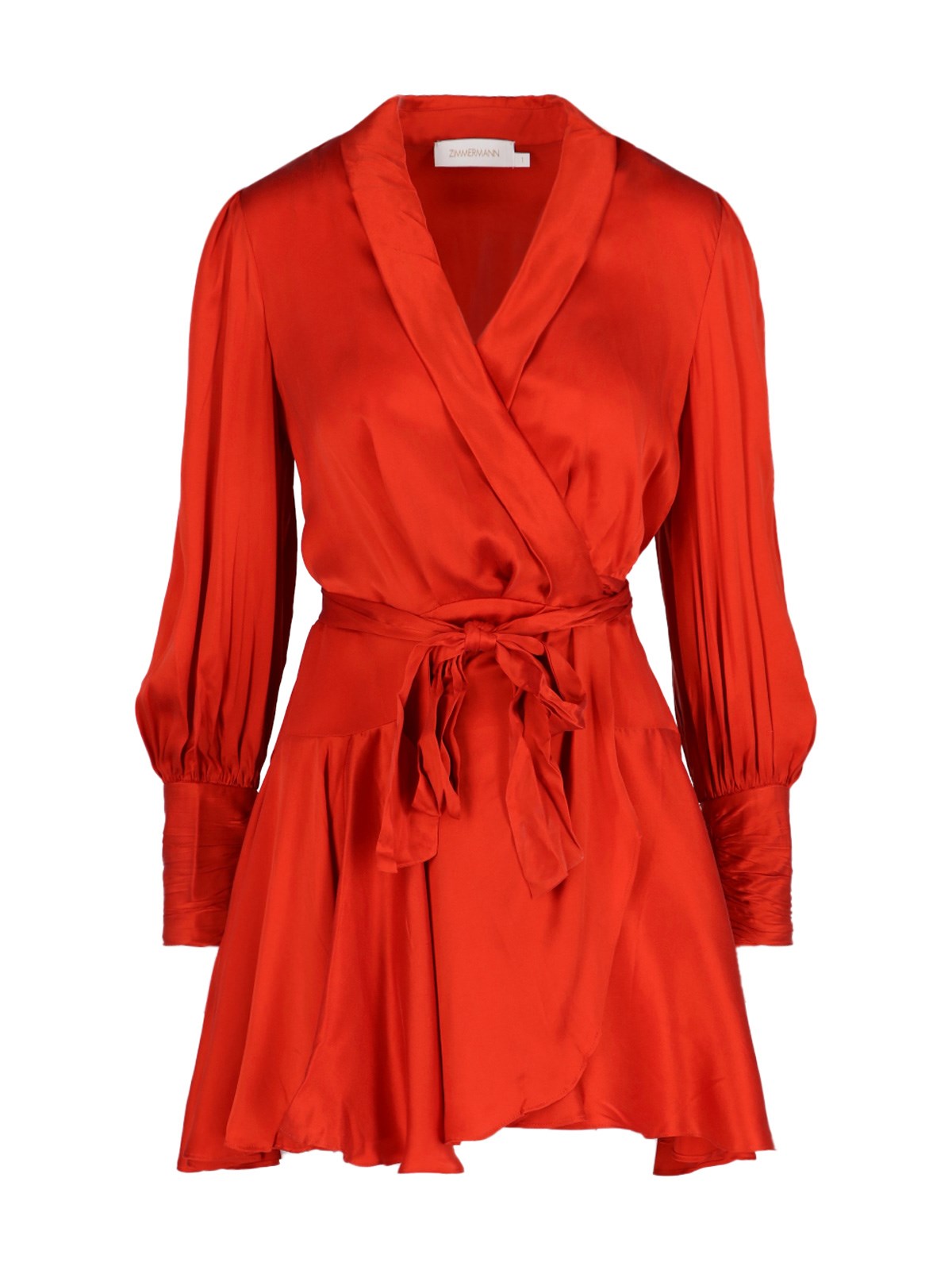 Zimmermann Ruffled Silk-satin Wrap Mini Dress In Rosso