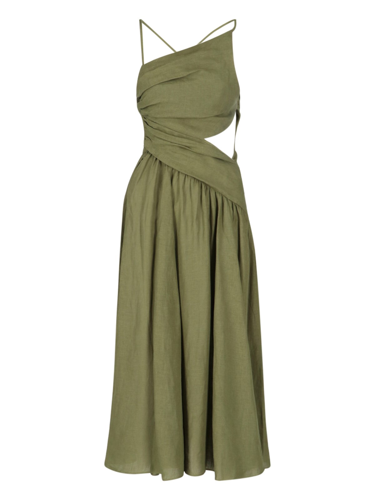 Zimmermann Women's Laurel Asymmetric Cut Out Ruched Sleeveless Midi Dress In Olive Green In Verde