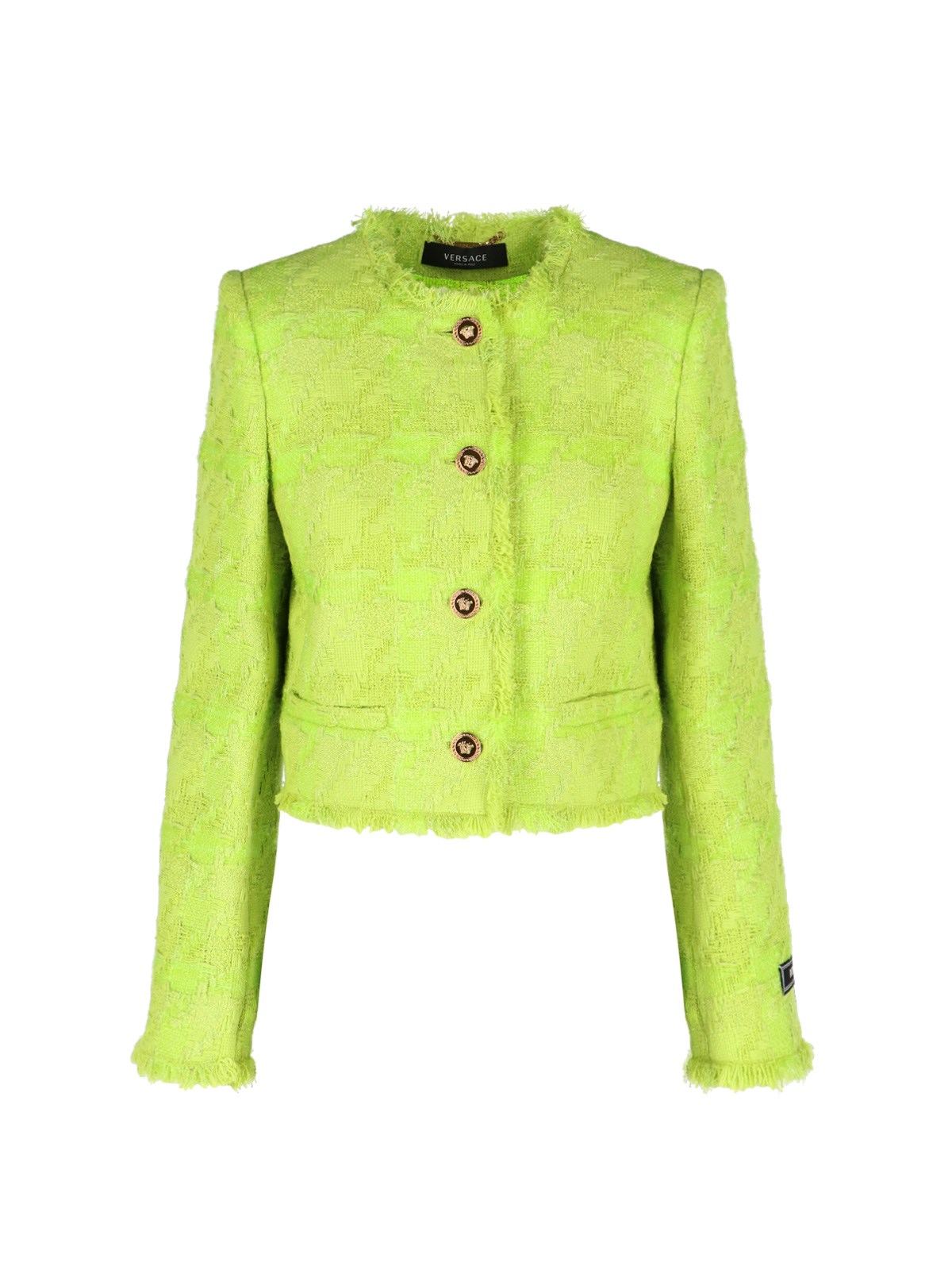 Versace Fringed Metallic Checked Wool-blend Tweed Jacket In Verde