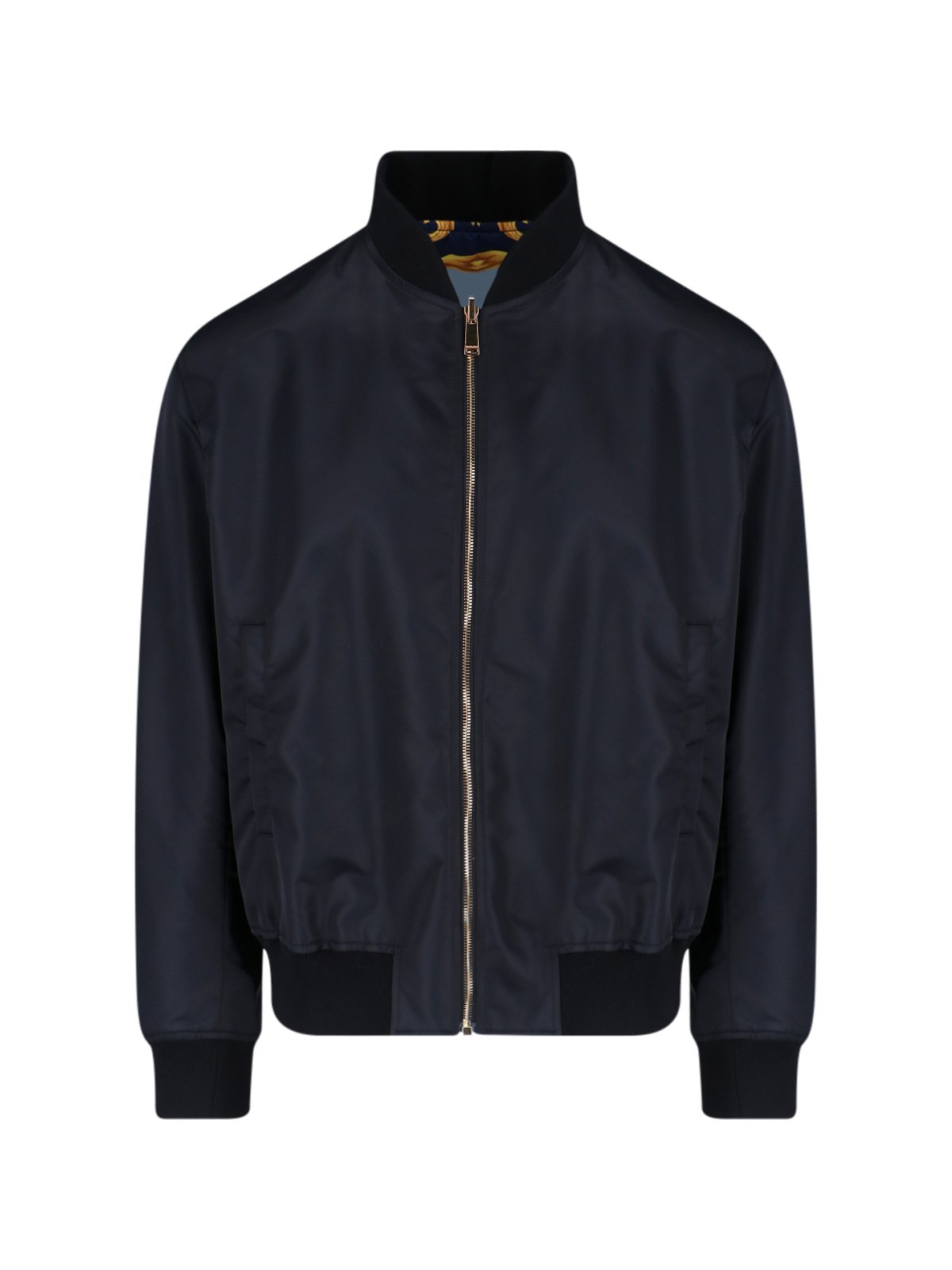 Versace Black Reversible Bomber Jacket With Barocco Print In Nylon In Blu