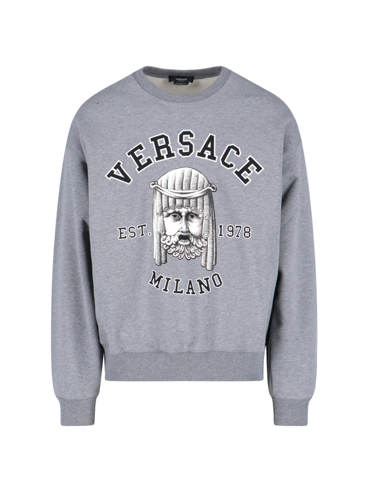 Versace Mask Print Cotton Crewneck Sweatshirt In Grigio
