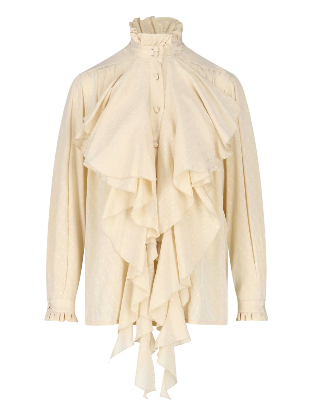 Gucci Ruffled Jacquard Silk Shirt In Crema