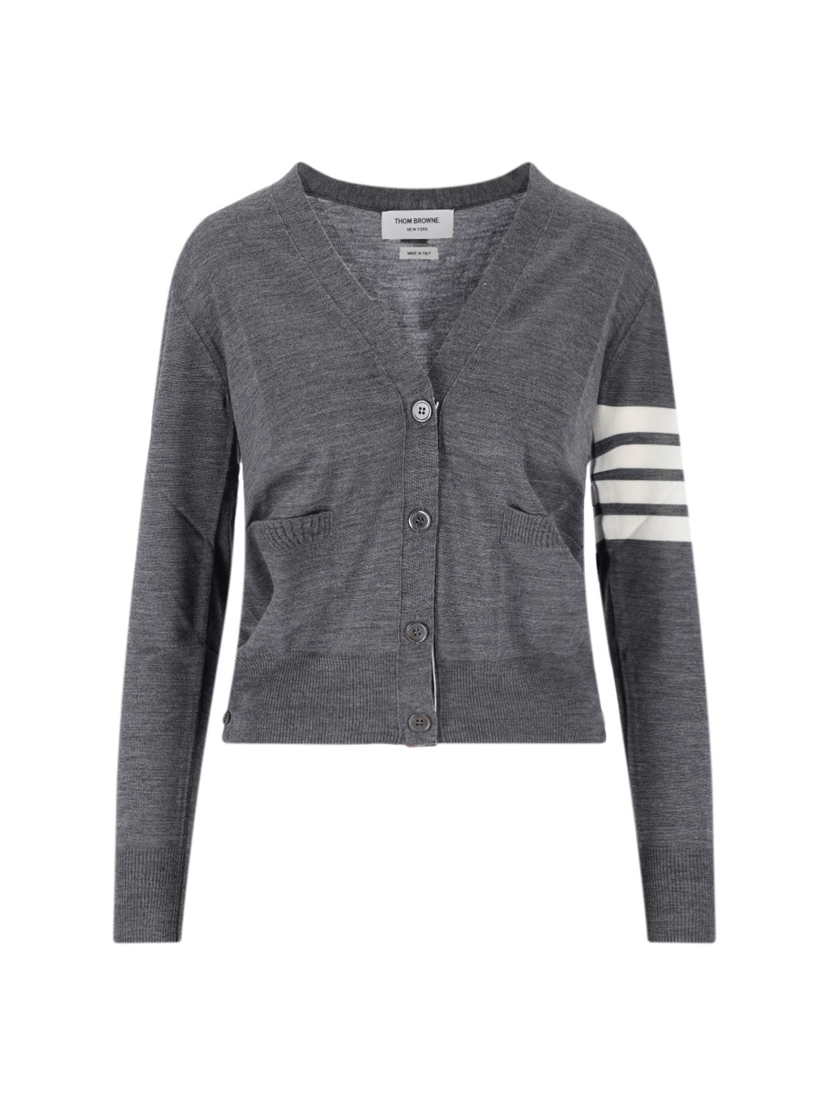Thom Browne Four Bar Stripe Merino Wool V-neck Cardigan In Grigio