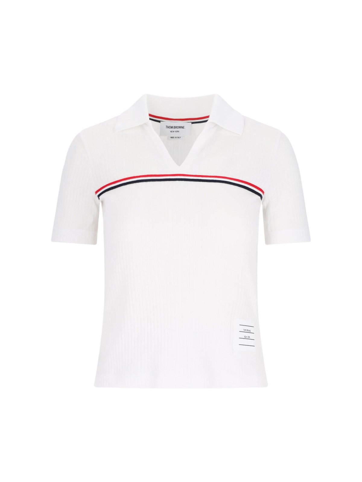 Shop Thom Browne 'three Stripes' Knit Polo Shirt In White