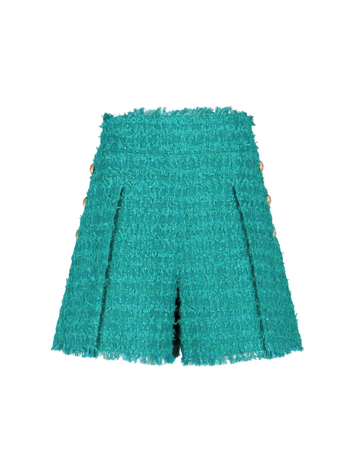 Balmain Green Button-embossed Tweed Shorts In Verde