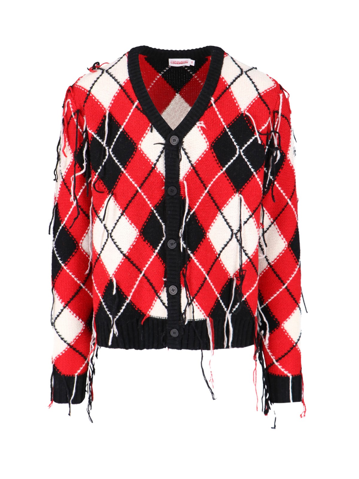 Charles Jeffrey Loverboy Fringed Argyle-knit V-neck Cardigan In Rosso