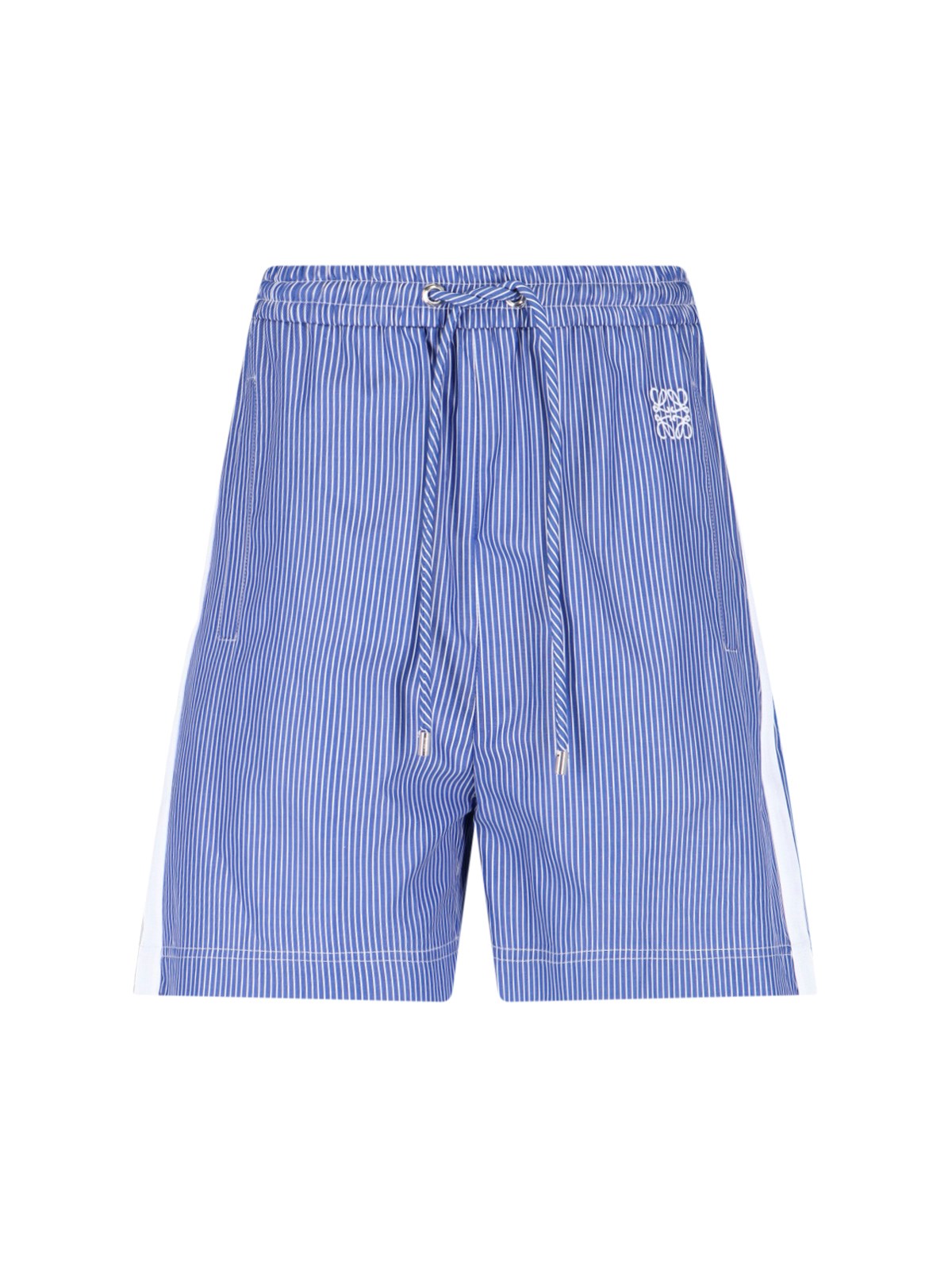 Loewe Embroidered Striped Cotton Shorts In Blue