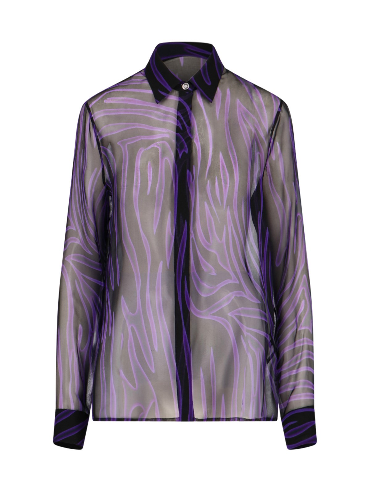 Versace Sheer Zebra Stripe Silk Chiffon Button-up Shirt In Viola