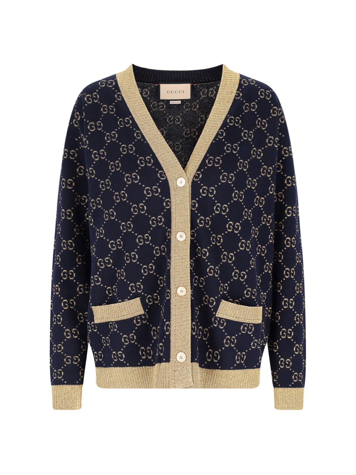 Gucci Womens Blue/gold Monogram-pattern Ribbed-trim Cotton-blend Knitted Cardigan In Blue