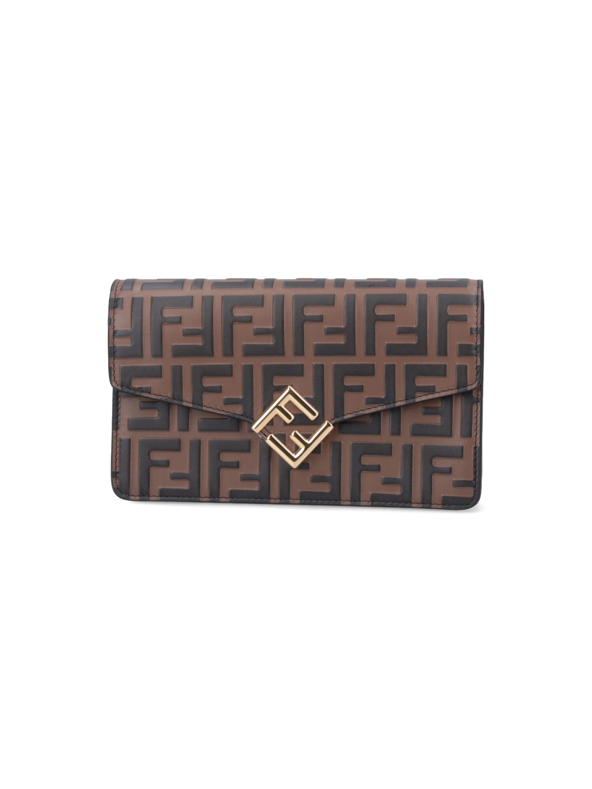 NWT NEW Fendi FF Embossed Brown Leather chain wallet Gold Logo Buckle