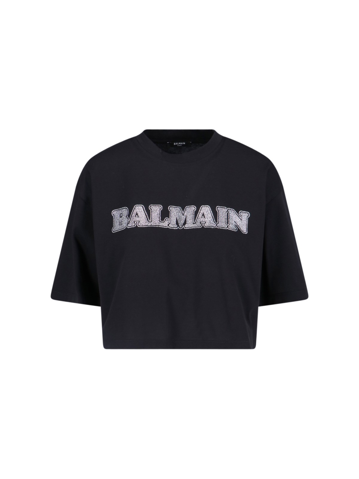 BALMAIN RHINESTONE LOGO CROP T-SHIRT