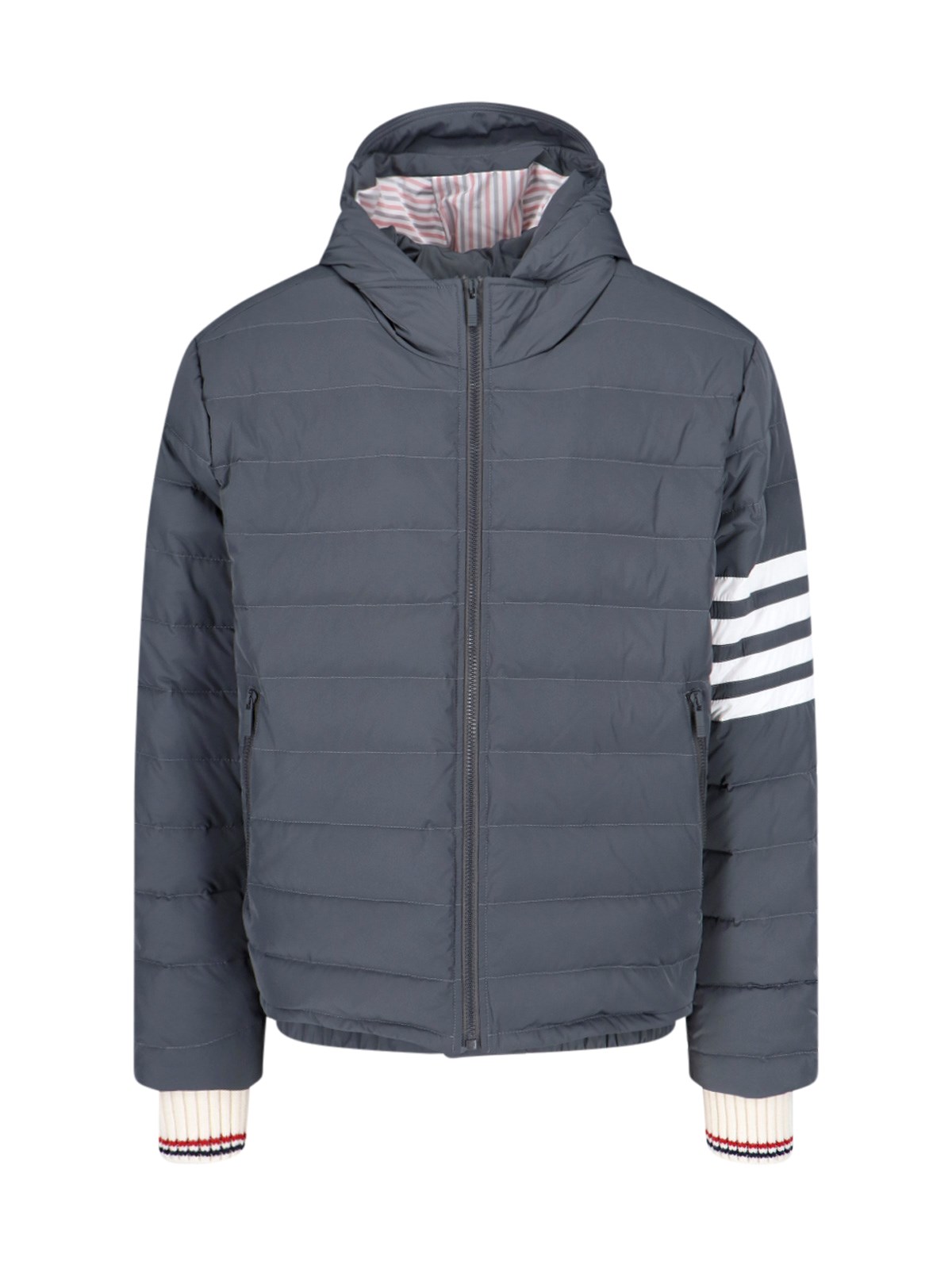 Shop Thom Browne Striped Detail Down Jacket In Gray