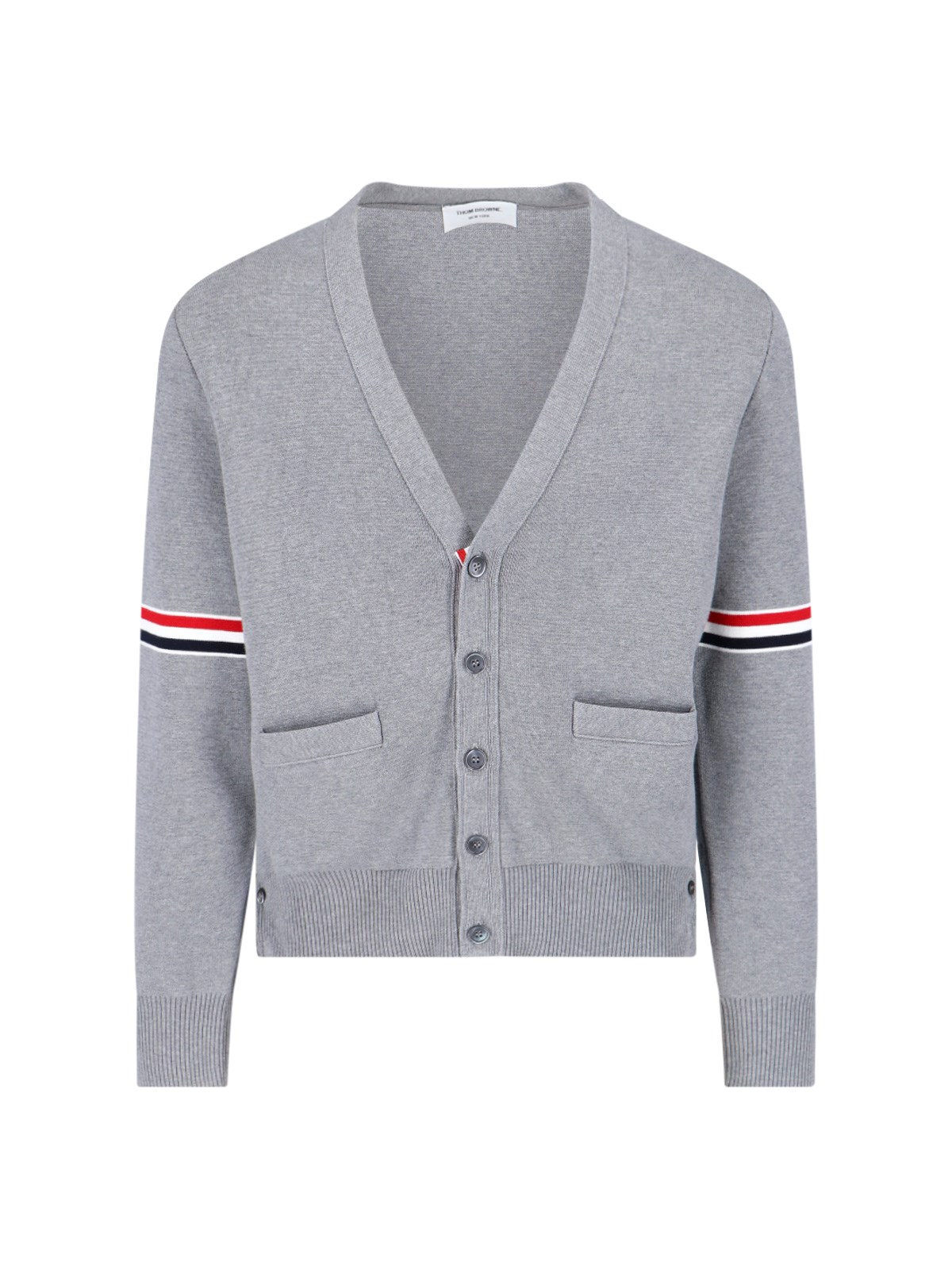 Shop Thom Browne Tricolor Detail Cardigan In Gray