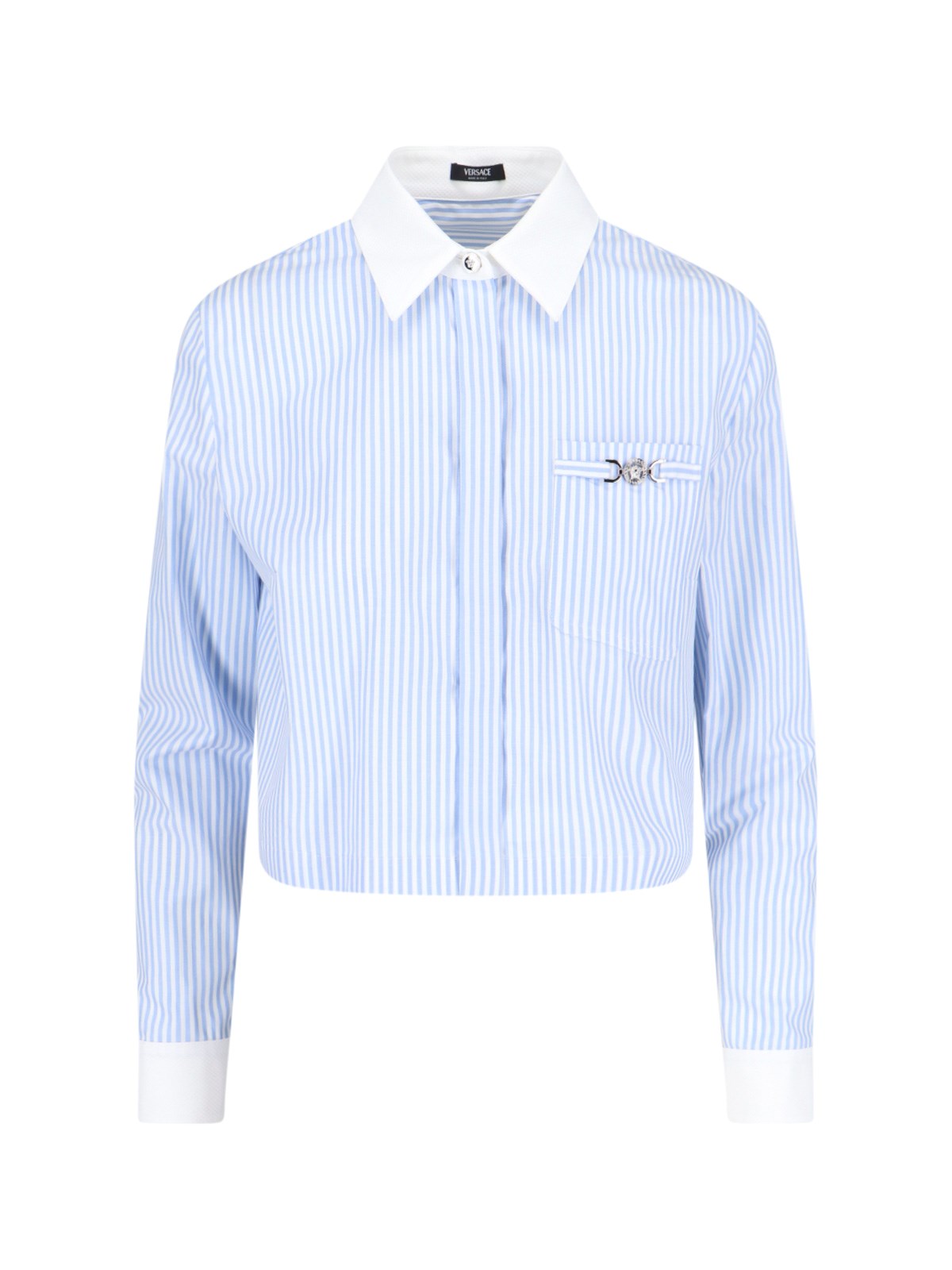 Shop Versace Oxford Cropped Shirt In Light Blue