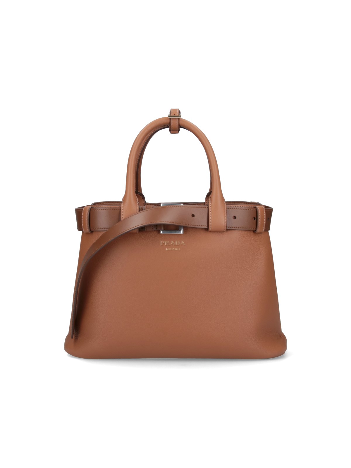 Shop Prada 'buckle' Medium Hand Bag In Brown