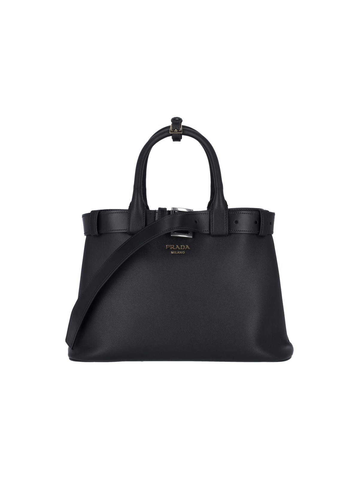 Prada Black Medium Leather Handbag With Belt In Black  