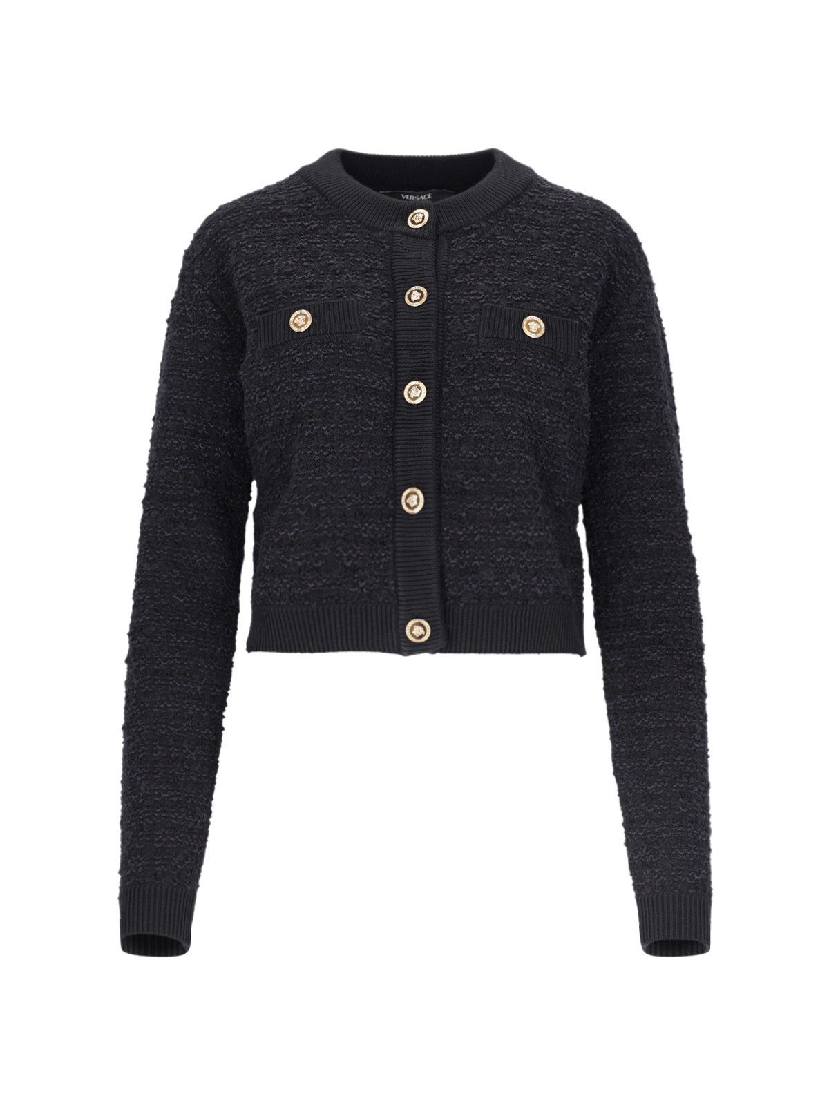 Shop Versace Tweed Cropped Cardigan In Black  