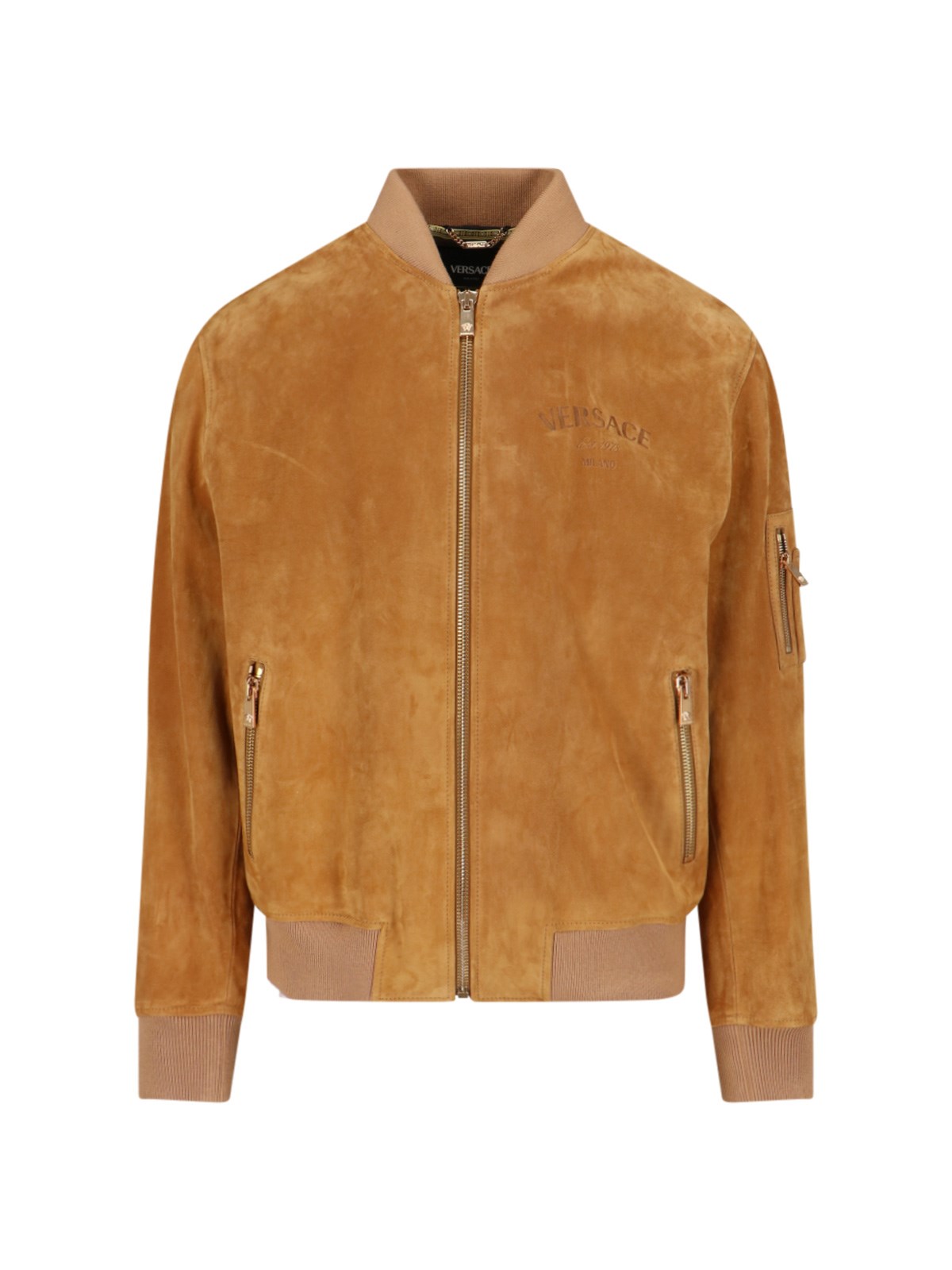 Shop Versace Suede Bomber Jacket In Brown