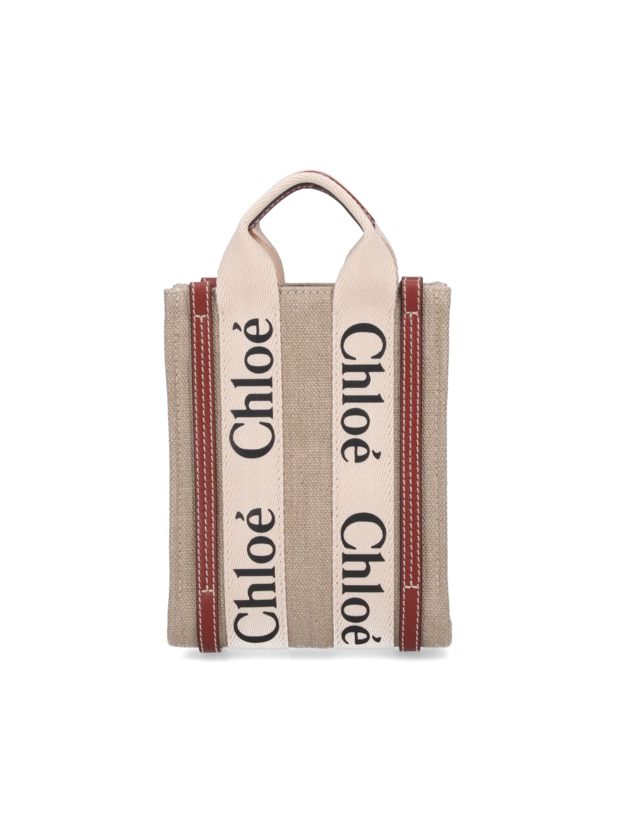 Chloé Woody North/south Linen Mini Tote Bag In Beige