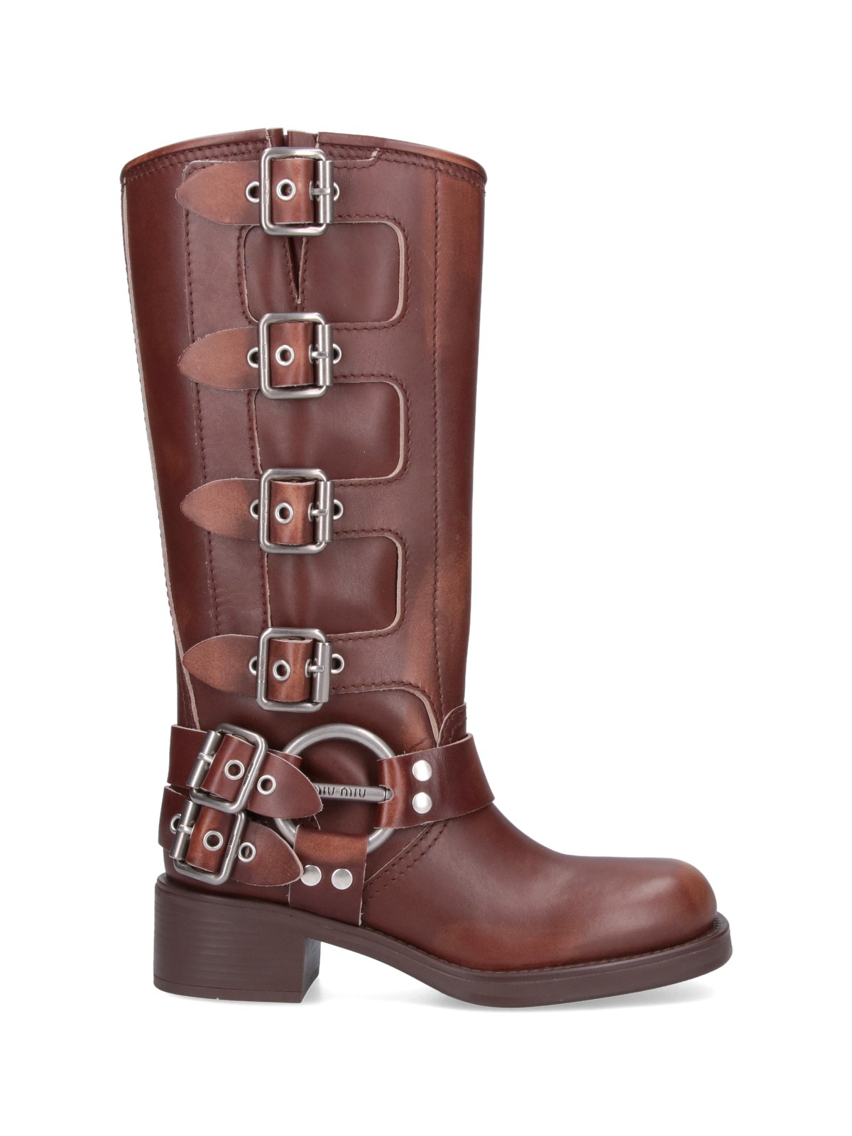 Shop Miu Miu Buckle Detail Boots In Brown