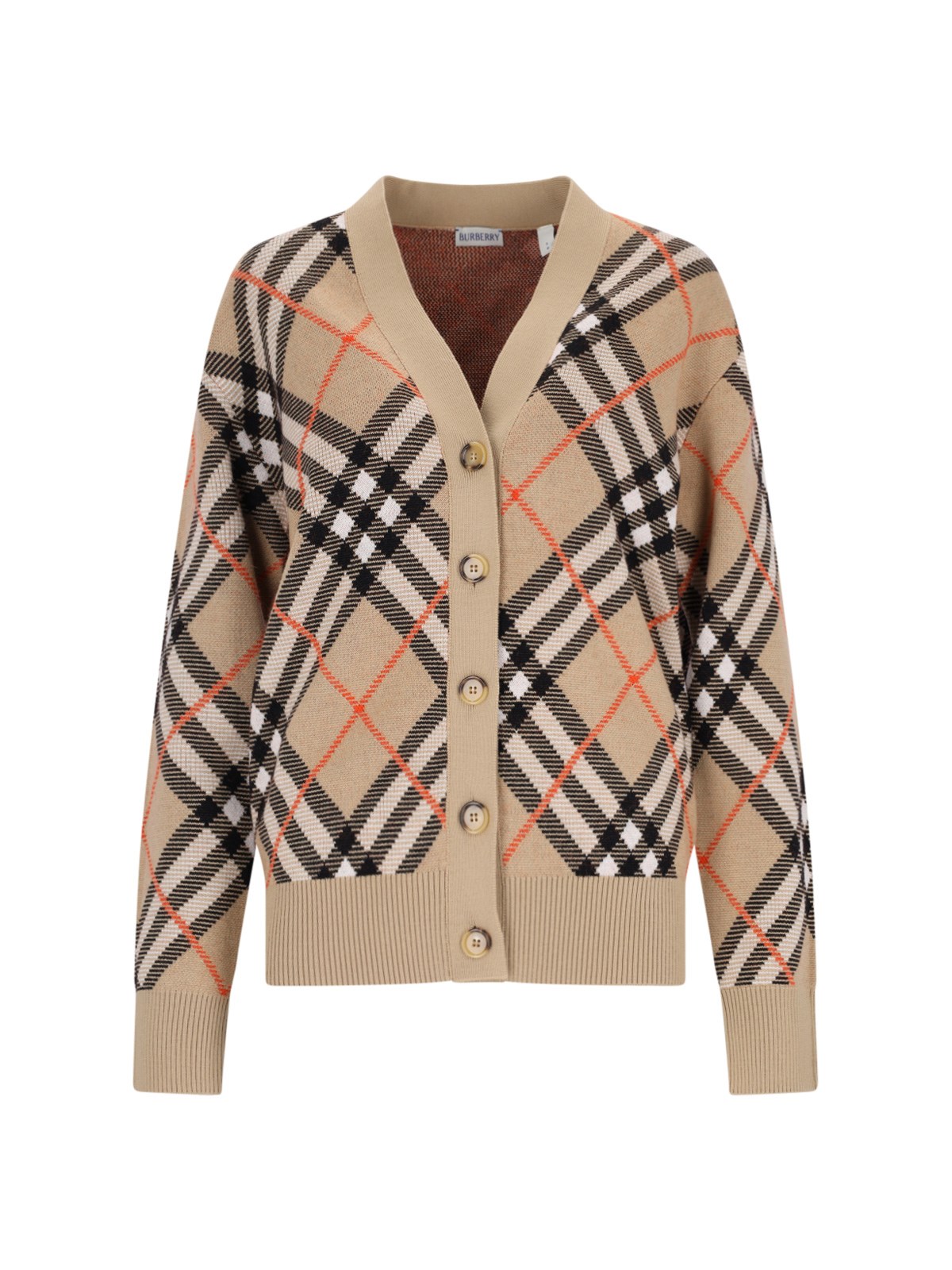 Shop Burberry 'check' Wool Blend Cardigan In Beige
