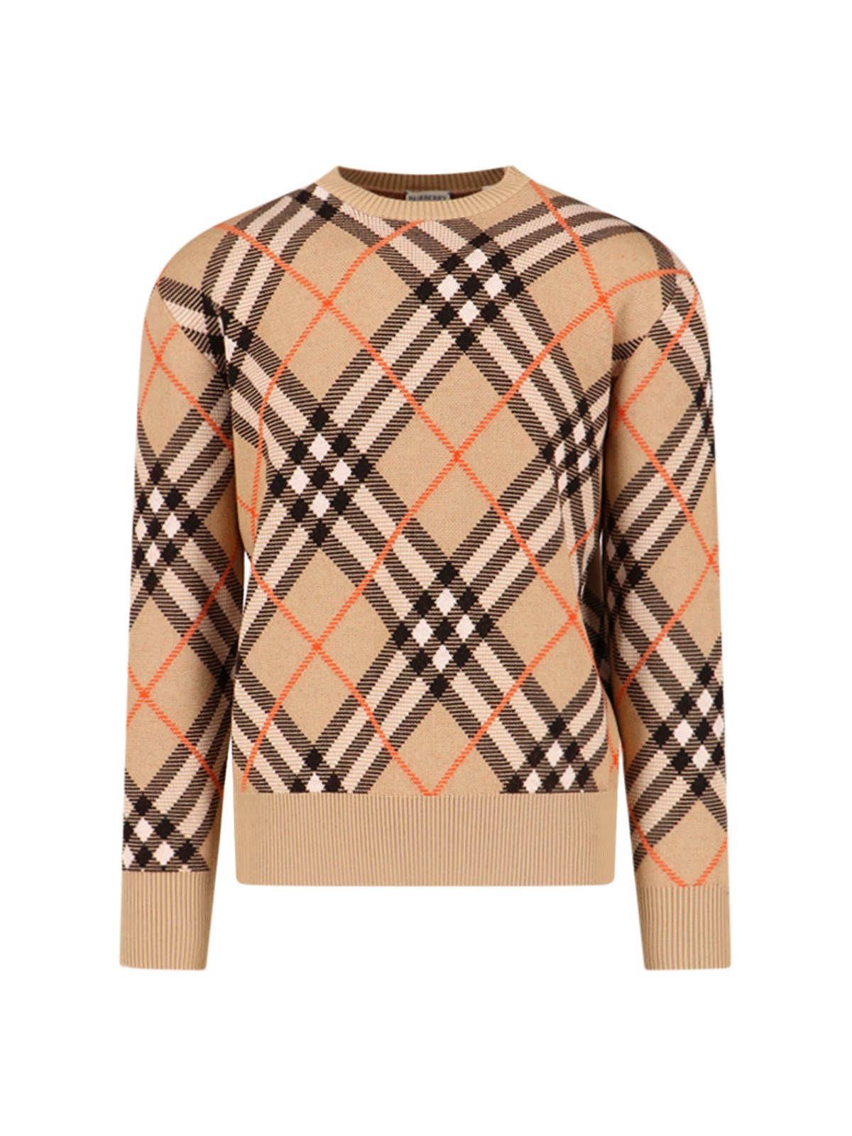 Shop Burberry 'check' Crew Neck Sweater In Beige