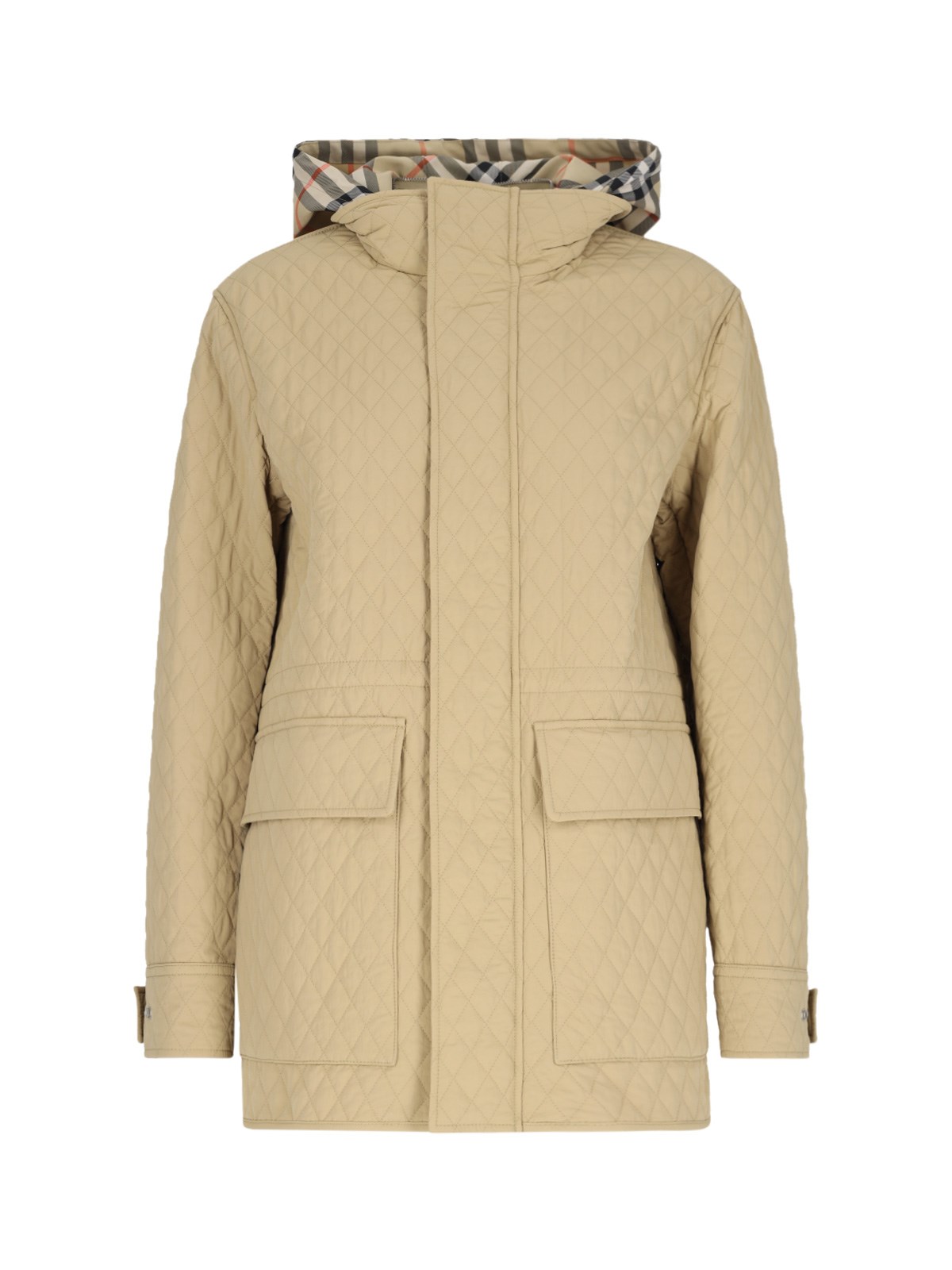 Shop Burberry 'check' Tech Hooded Jacket In Beige