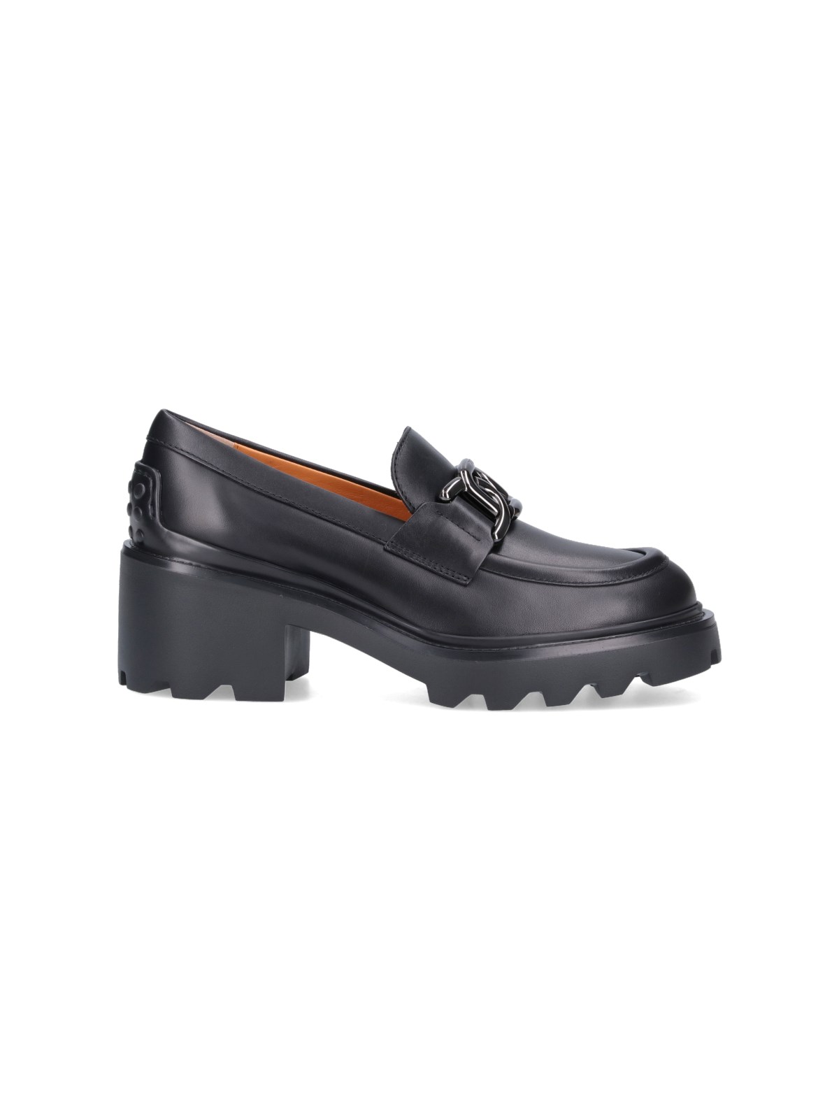 Tod's Semi-shiny Leather Heeled Loafers With Metal Chain Shoes In Black