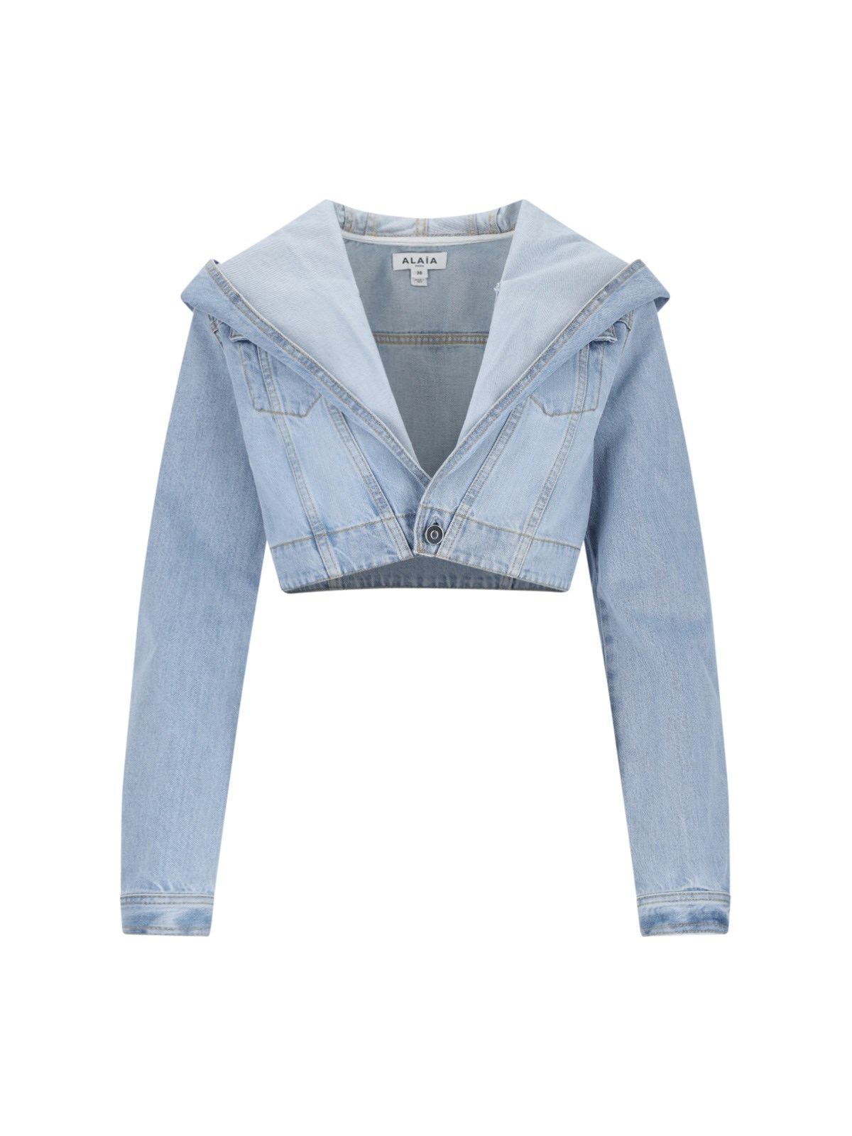 Shop Alaïa Denim Cropped Jacket In Light Blue