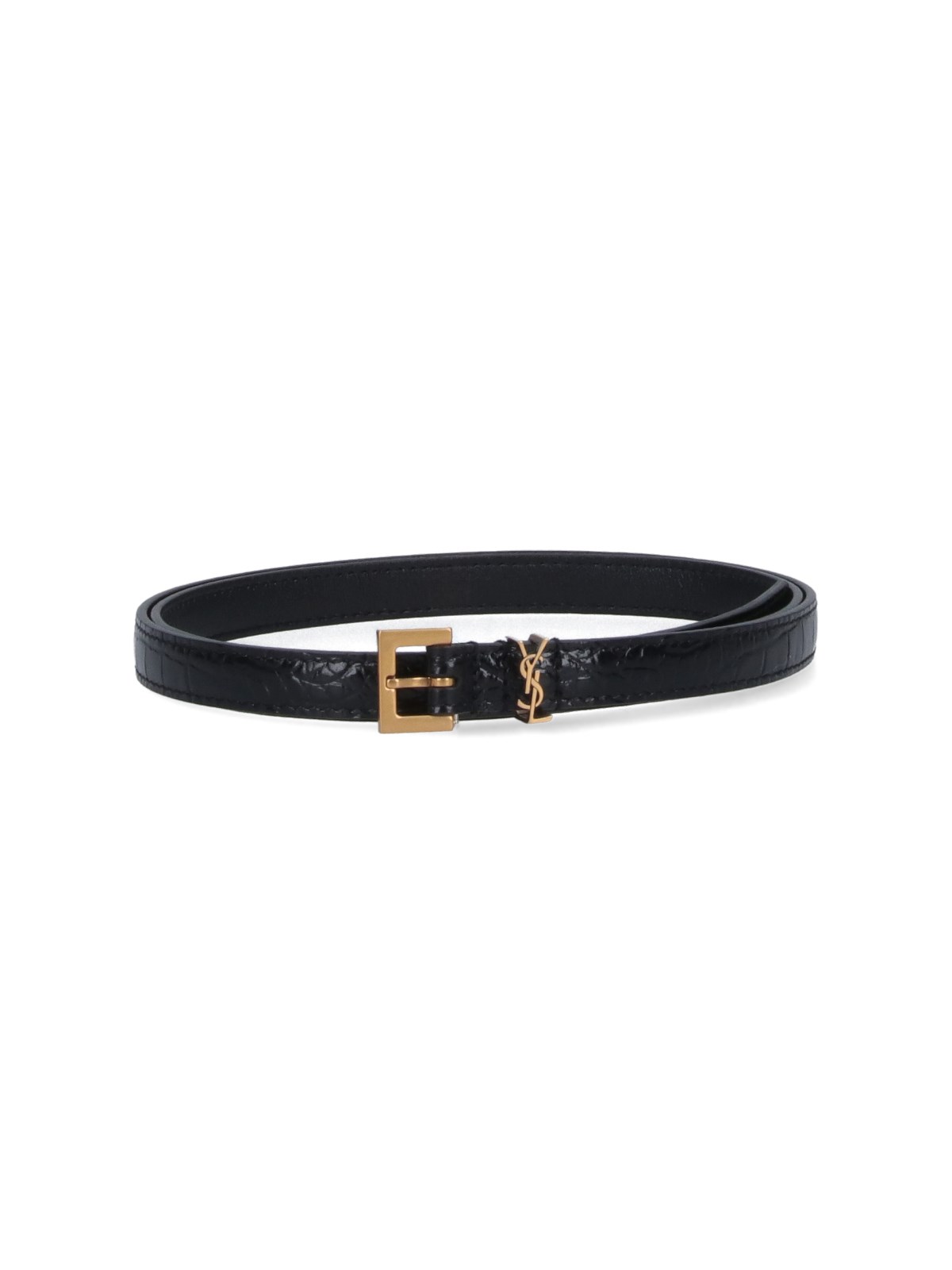 Shop Saint Laurent 'cassandre' Thin Belt In Black  