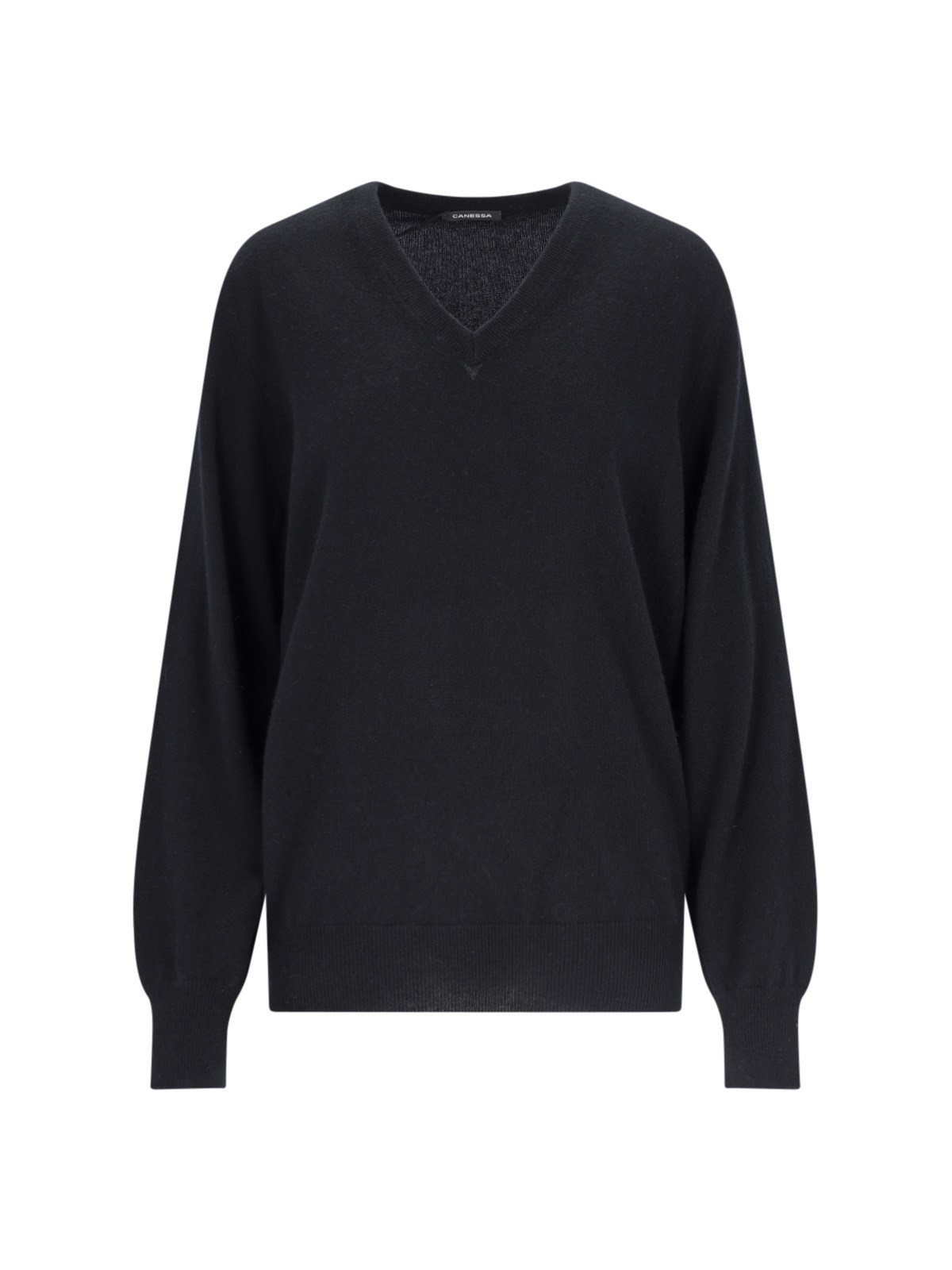 Canessa V-neck Sweater In Black Cashmere Ribbed Trim In Black