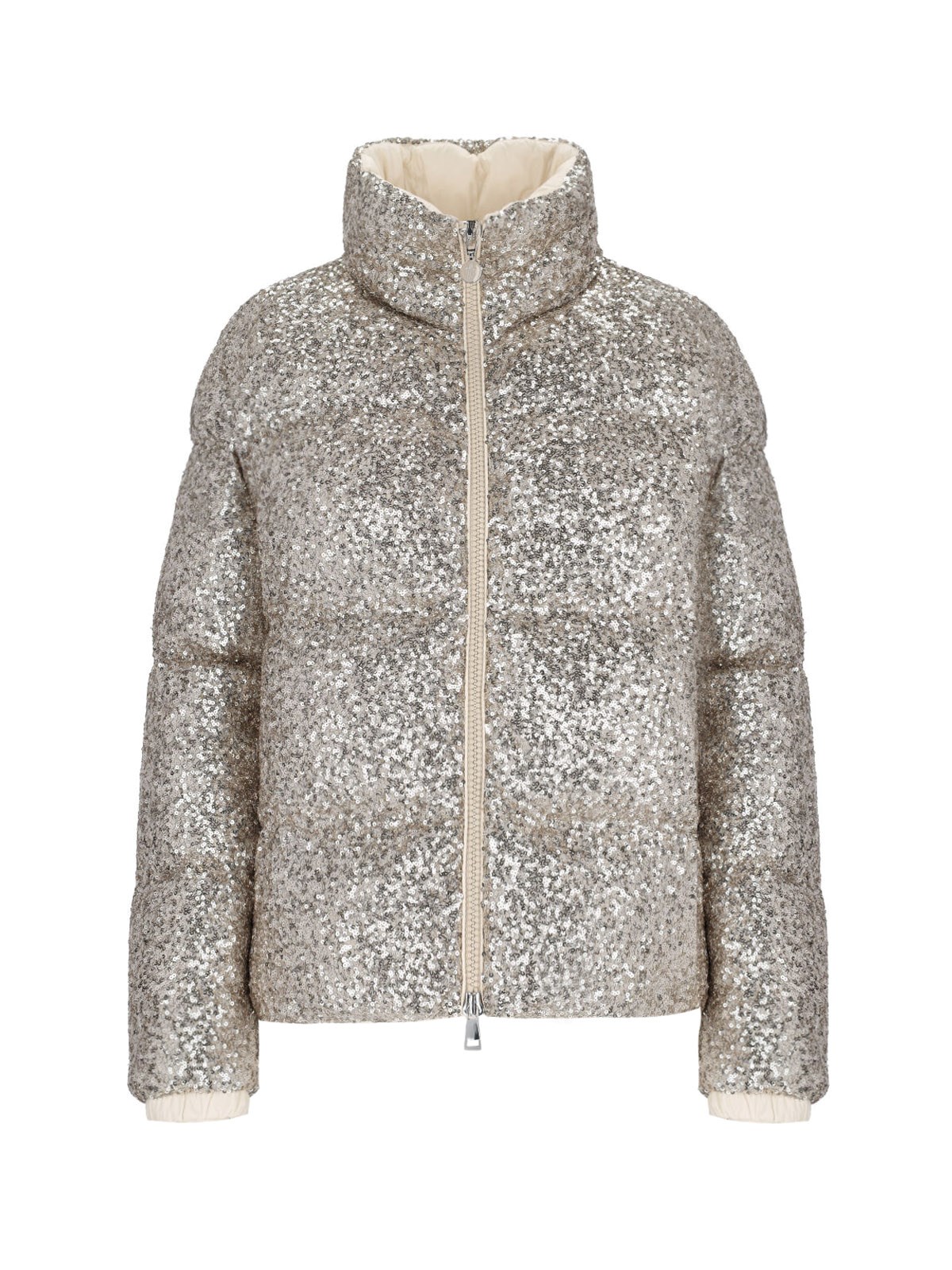 Shop Moncler Sequin Down Jacket "anternes" In Silver