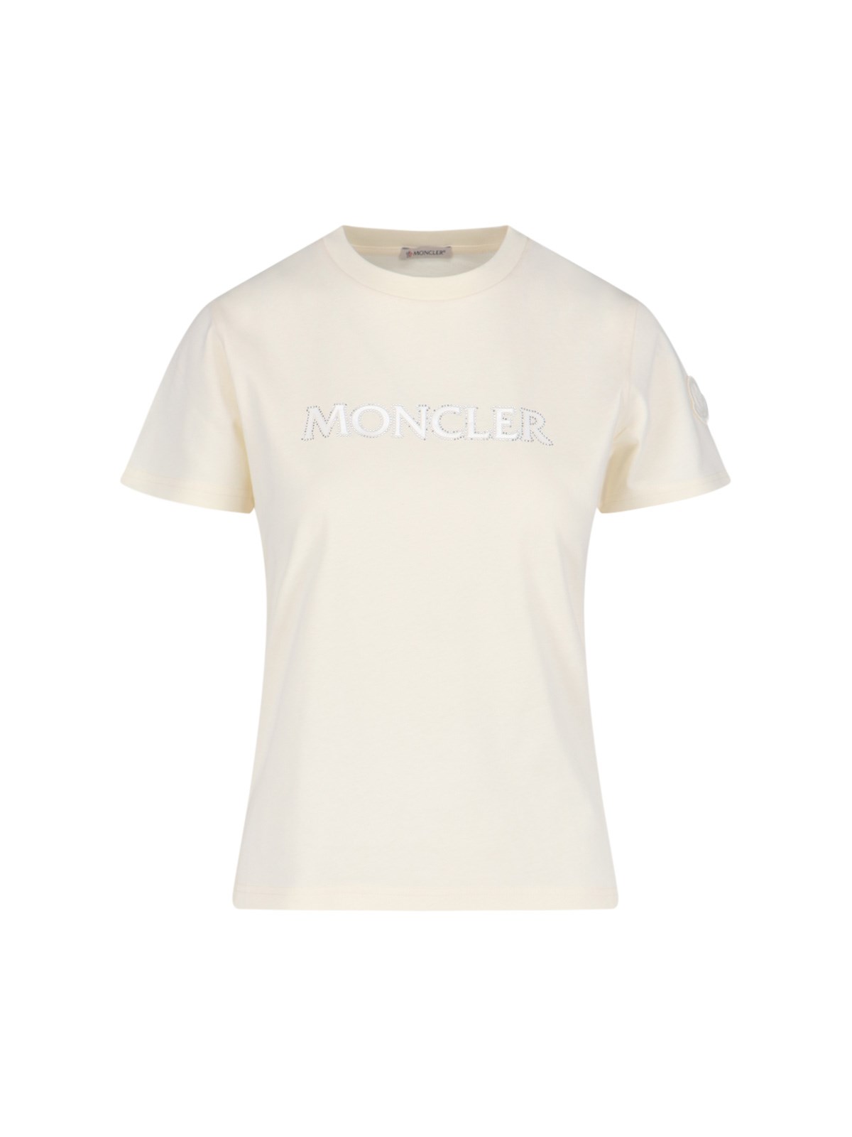 Shop Moncler Rhinestone Logo T-shirt In Cream