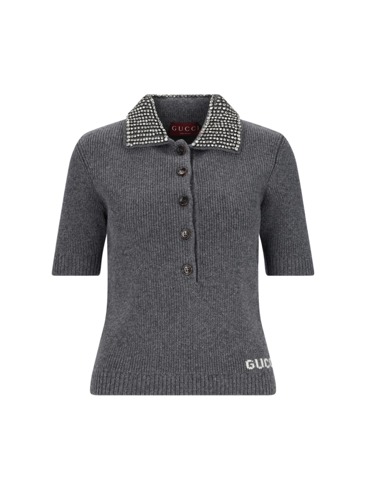 Shop Gucci Knitted Polo Shirt With Rhinestones In Gray