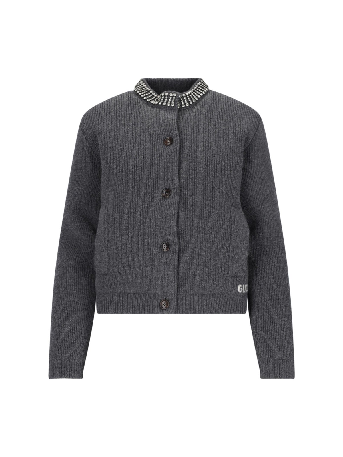 Gucci Padded Cardigan With Jewel Collar Sweaters And Cardigans Gray In Black
