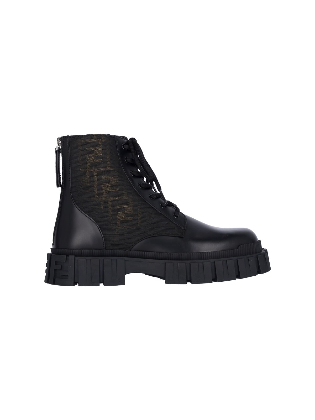Fendi Black Leather And Brown Ff Jacquard Biker Boots