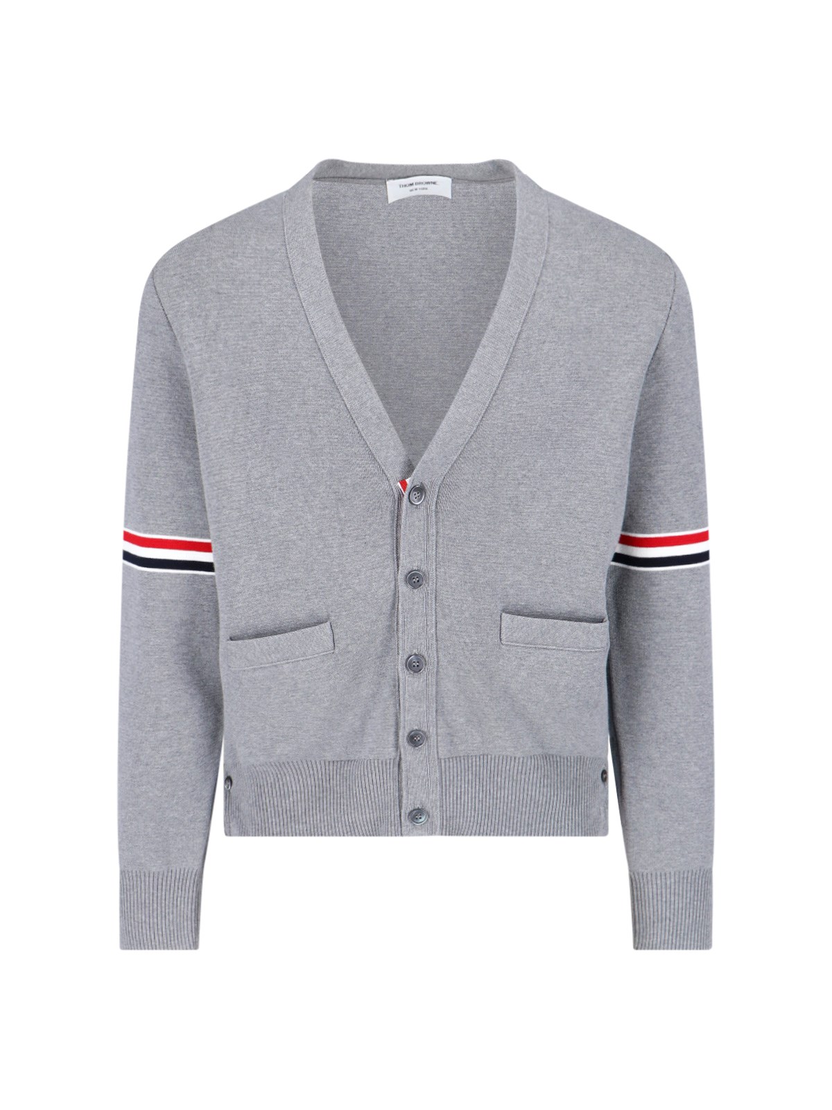 Thom Browne Tricolor Grosgrain Band Cardigan With V-neck In Gray