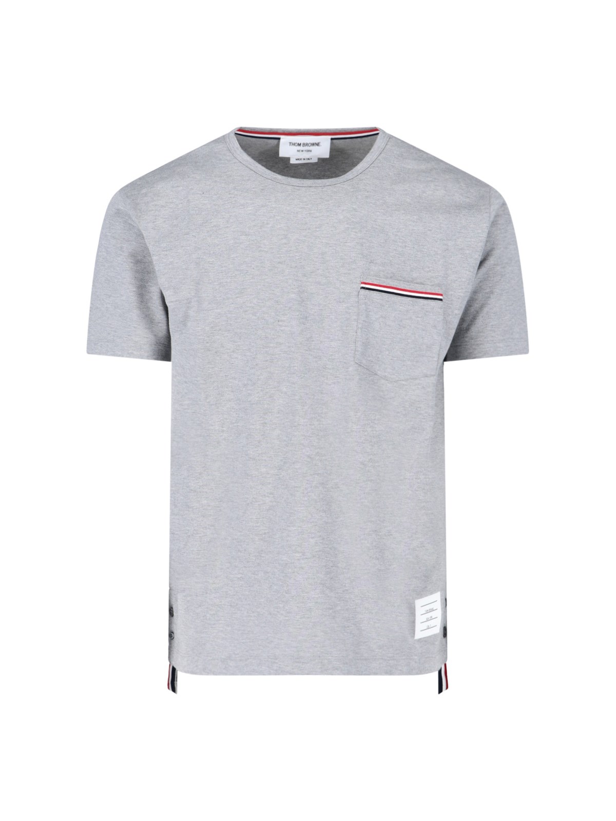 Thom Browne Short-sleeve Crew Neck T-shirt With Chest Pocket And Striped Trim Detail In Gray