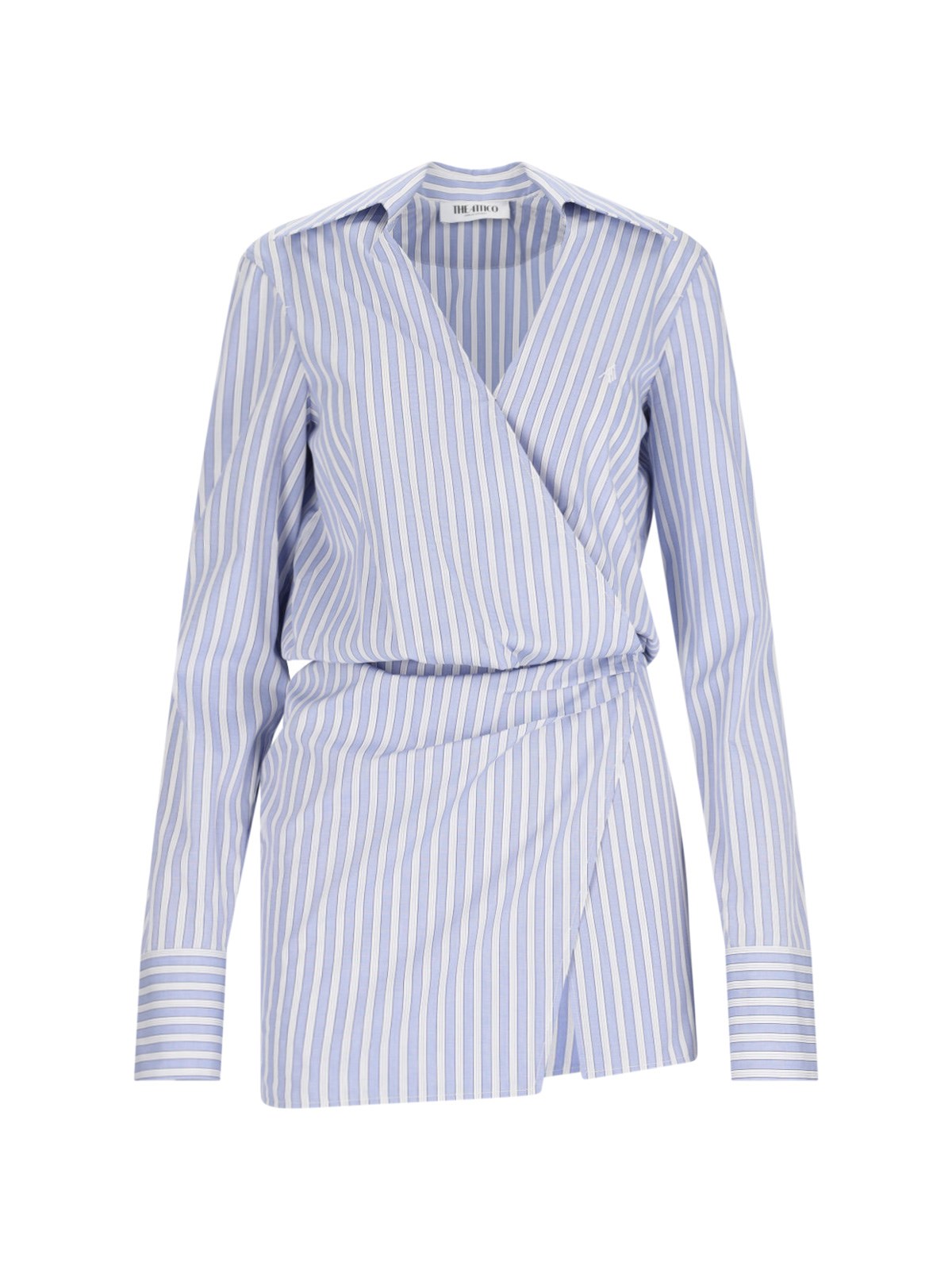 Attico Mini Striped Dress With V-neck, Long Sleeves, White And Navy Blue Cotton, Tied Waist In Light Blue