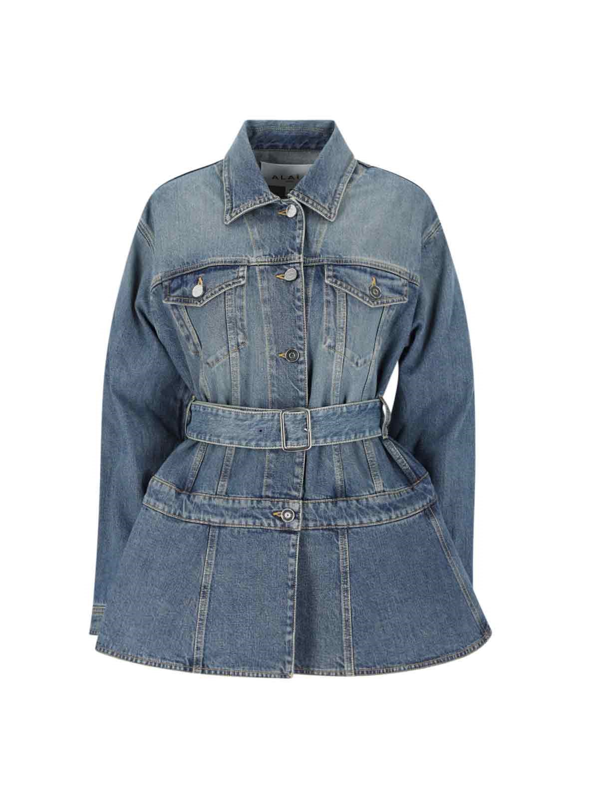 Alaïa Womens Bleu Vintage Peplum-hem Belted Denim Jacket In Blue