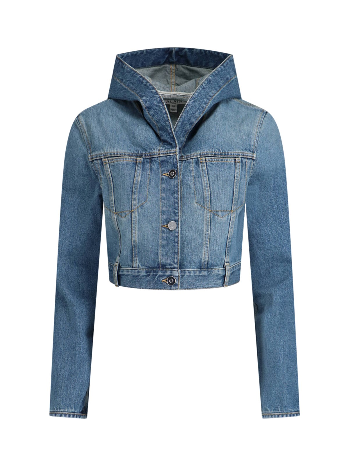 Alaïa Hooded Denim Jacket With Cinched Waist In Blue