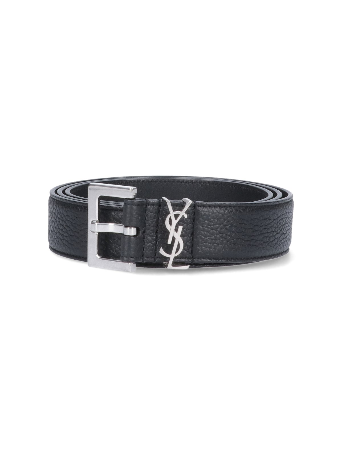 Saint Laurent Grained Leather Cassandre Thin Belt With Square Buckle Accessories In Black