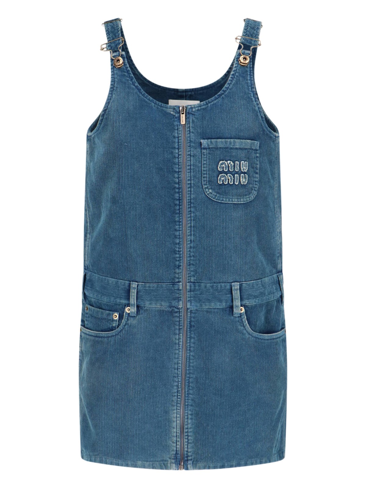 Miu Miu Women Denim Dungarees Mini Dress In Blue
