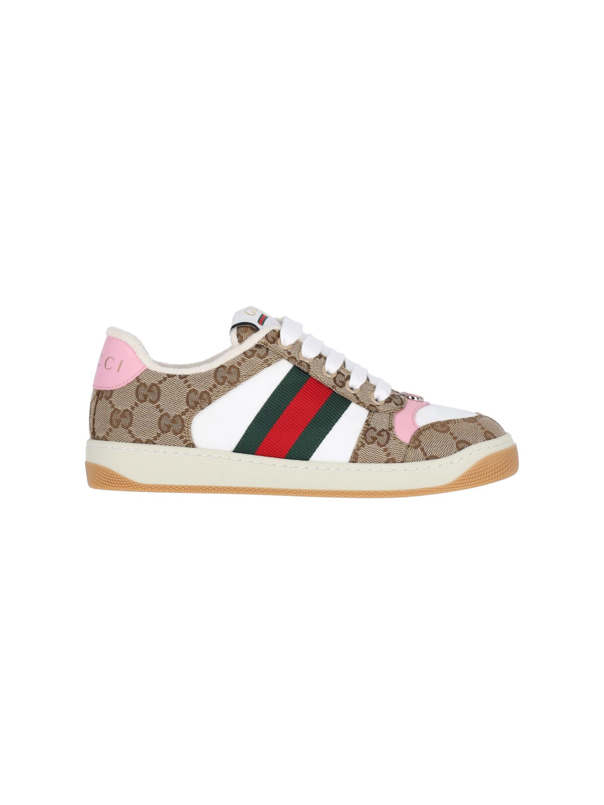 Gucci Screener Trainer In Gg Fabric And Pink Leather In Beige