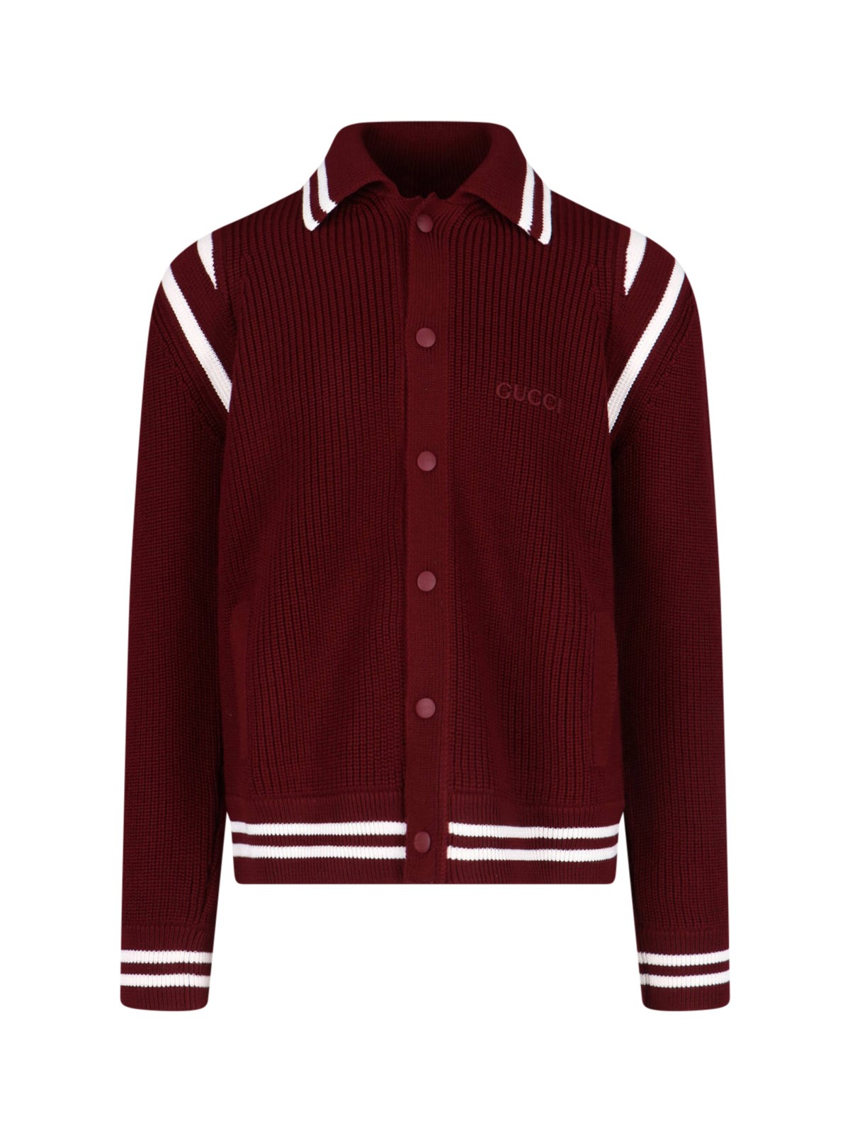 Gucci Wool Cardigan With Front Pockets And Ribbed Texture In Red