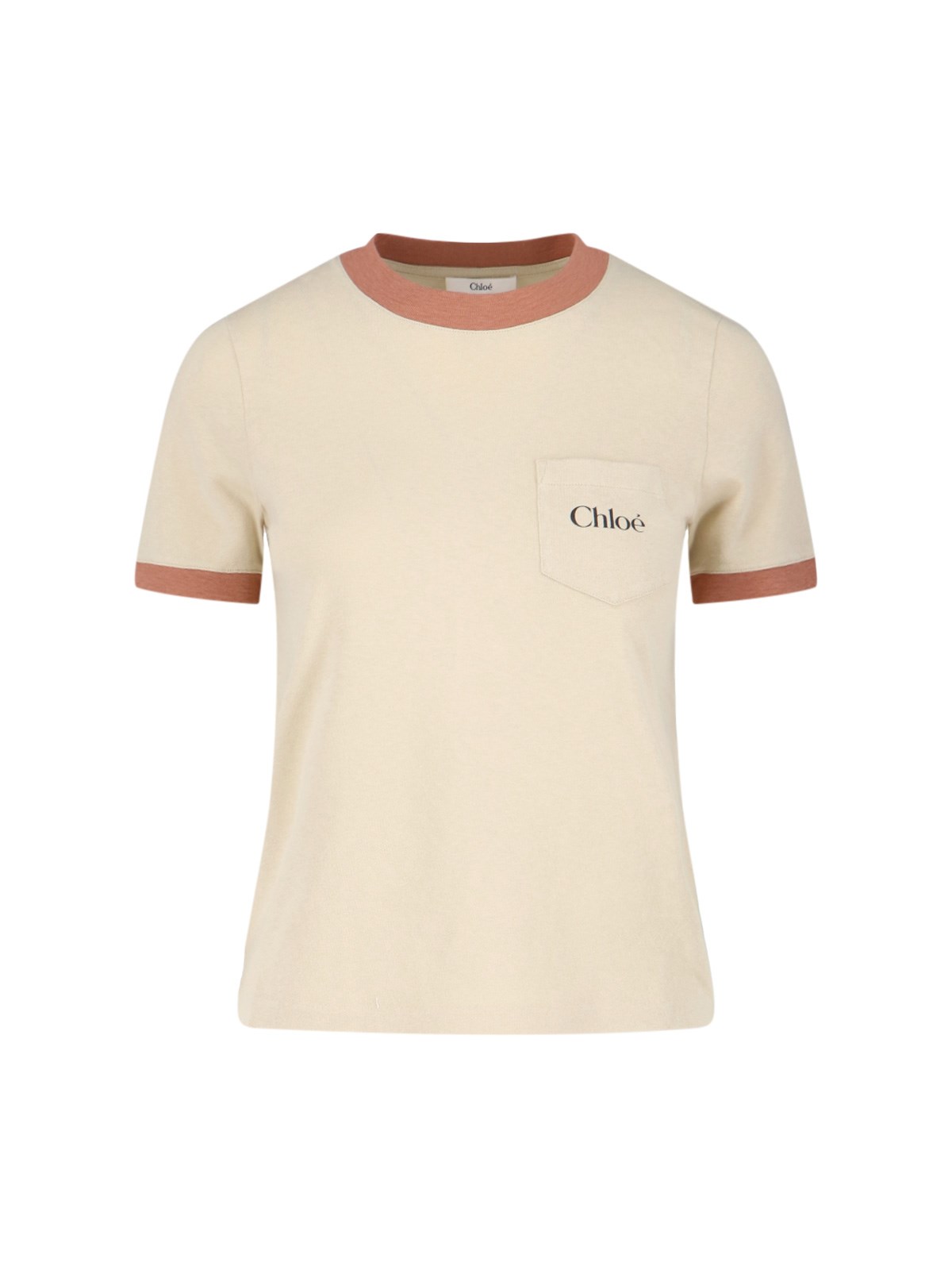Chloé Beige T-shirt With Muted Rose Trim And Chest Pocket In Neutral