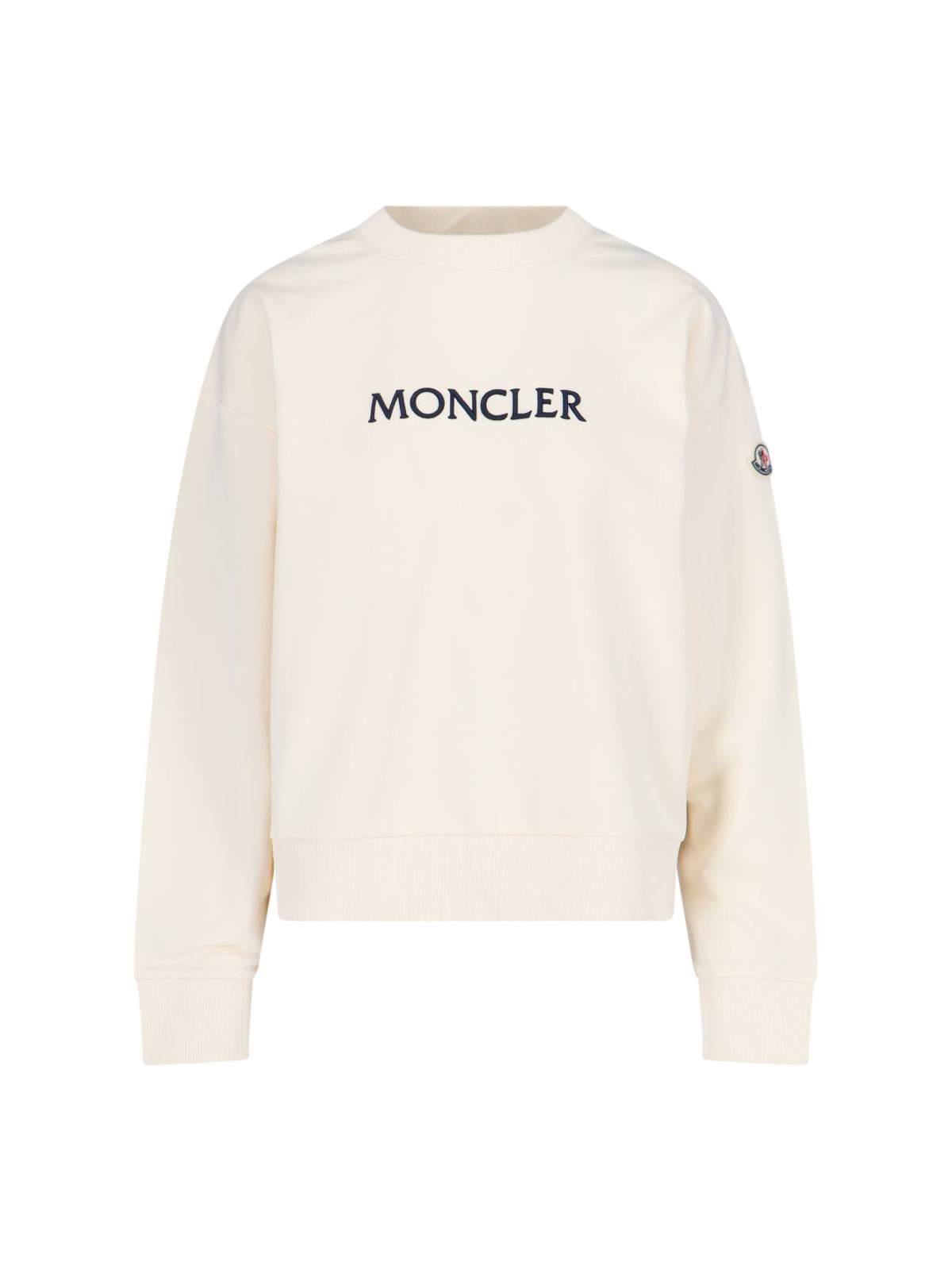 Moncler Crewneck Cotton Sweatshirt With Embroidered Logo And Multicolor Patch In Neutral