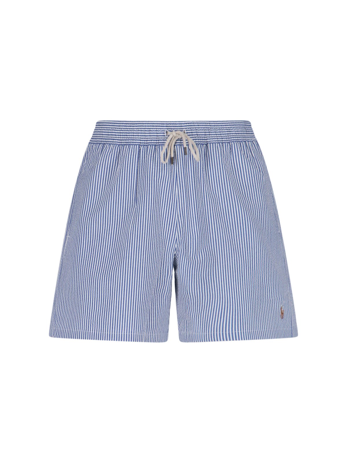 Polo Ralph Lauren Traveler Straight-leg Mid-length Striped Cotton-blend Seersucker Swim Shorts In Blue
