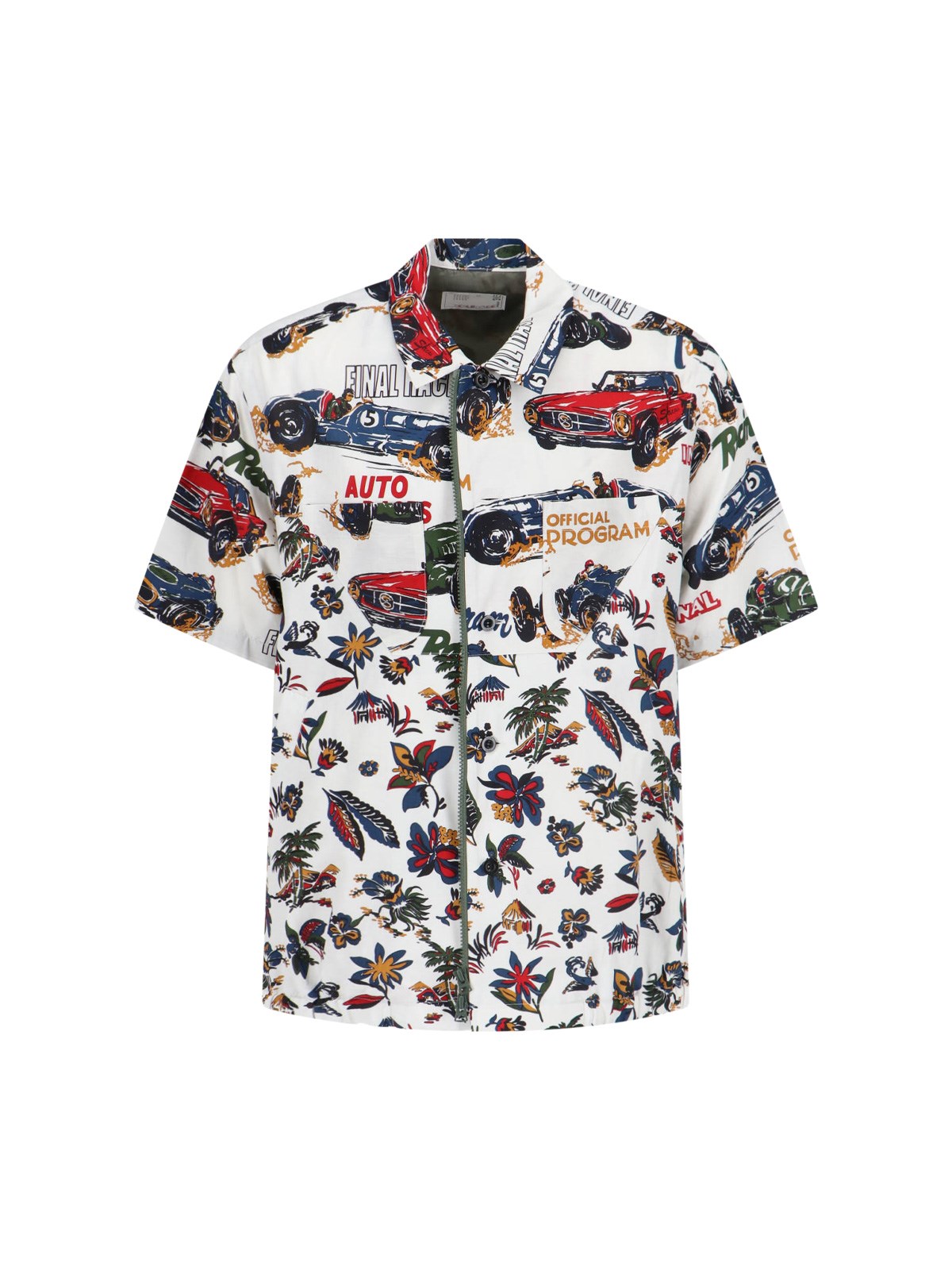 Sacai Short-sleeved Shirt With Classic Collar And Tropical Motif In Multi