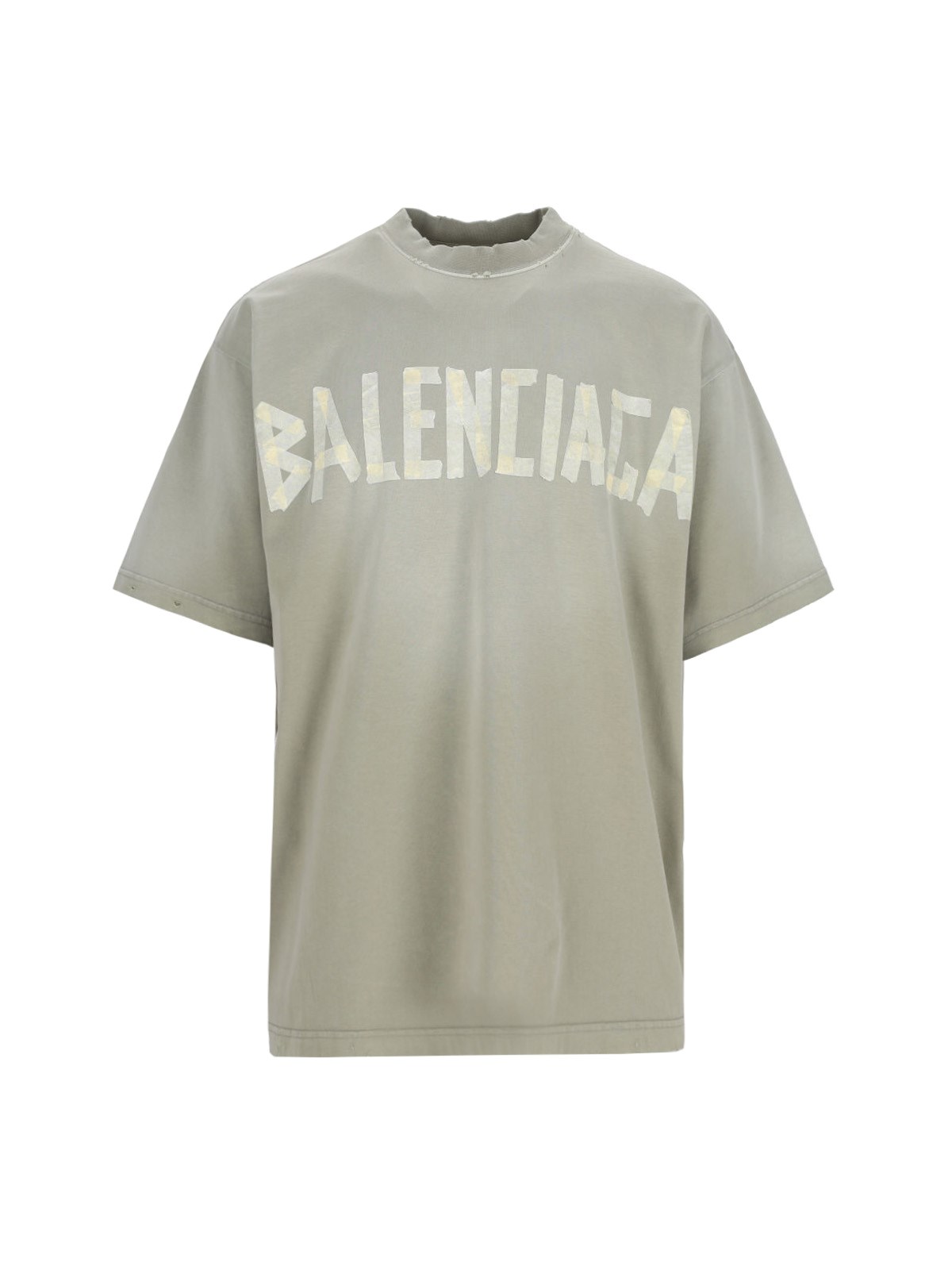 Balenciaga Crew Neck Distressed Neckline Graphic Print In Green